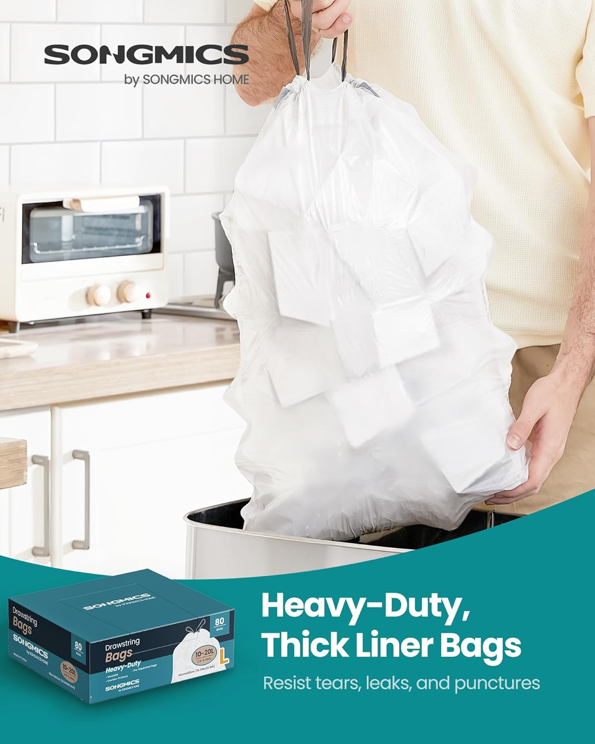 SONGMICS Trash Bags for 5.3 Gallon (20 L) Trash Cans, Drawstring Kitchen Garbage Bags, Pre-Separated, Quick-Dispense Box, Liner Code L, 2 Rolls, 80 Count, White UKRB021A02