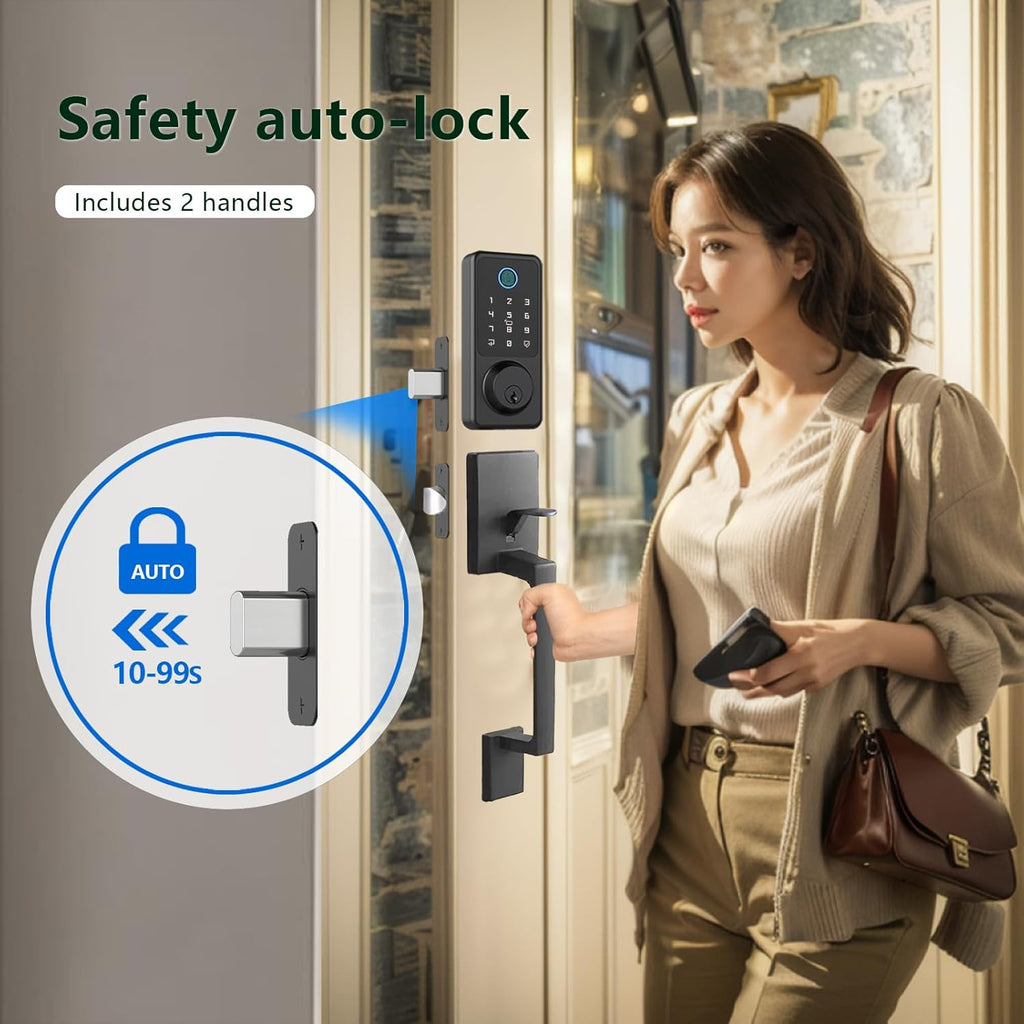 Smart Front Door Lock Handle Set, Keypad Door Lock with Handles, Fingerprint Keyless Entry Smart Locks Handle Kit, Electronic Smart Deadbolt with Auto Lock, Code, APP for Home, Apartment