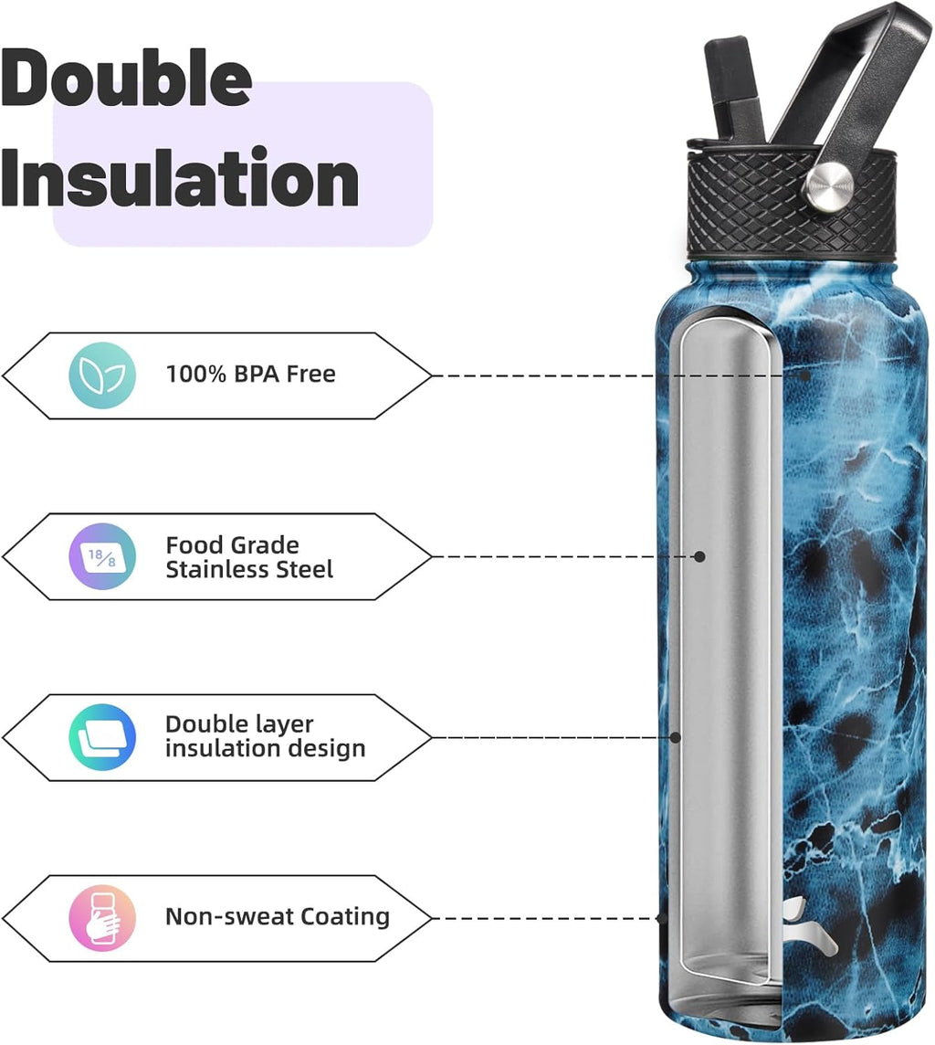 40oz Insulated Water Bottle Stainless Steel Sport Bottles with 3 Lids,Marble Ocean