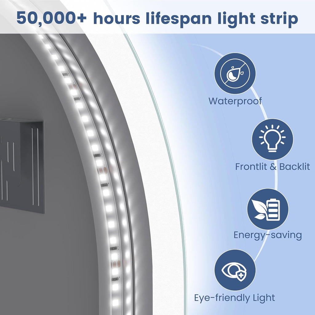 STARLEAD 32"x20" LED-Bathroom-Mirror-with-Lights, Wall-Mounted with Bluetooth Speaker, Anti-Fog, 3 Color Temperature, Dimmable Brightness, IP65 Waterproof, Tempered Glass, Frontlit & Backlit, Arched