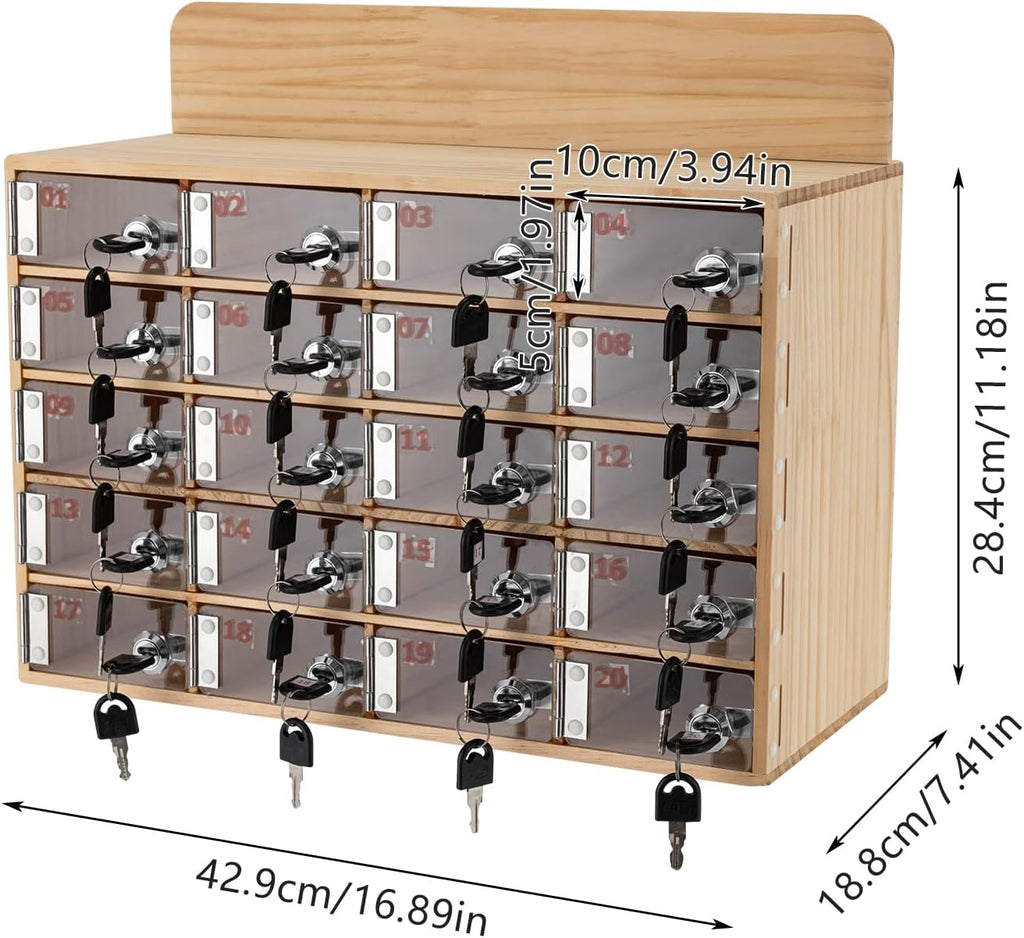 20 Slot Lockable Cell Phone Locker Box, Wall-Mounted/Freestanding Clear Acrylic & Wood Cell Phone Storage Cabinet with Door Locks and Keys for Classroom, Office, and School Employees