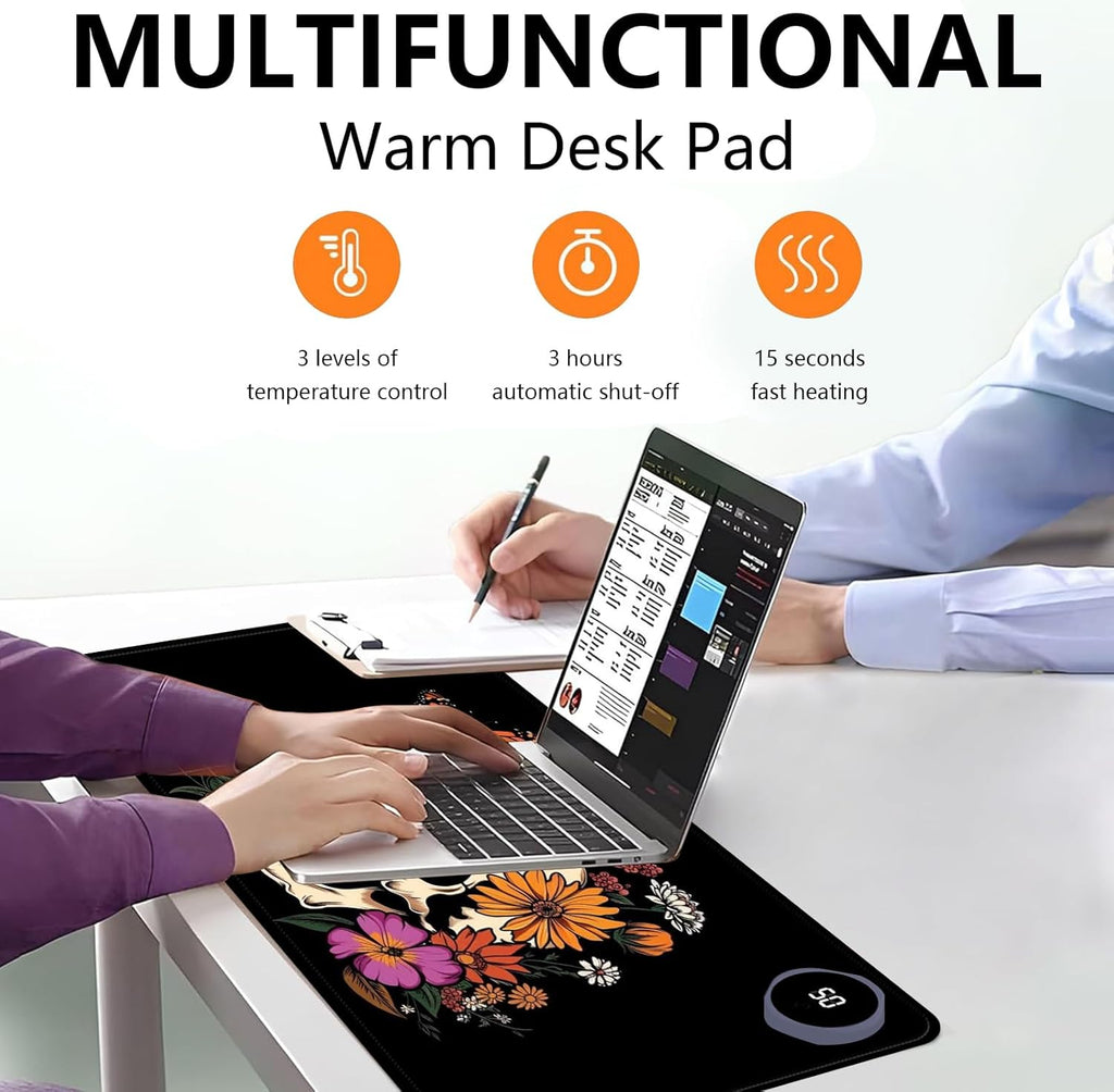 Heated Mouse Pad with 3 Levels Heated & 3 Hours Auto Shut-Off Mouse Pad for Warming Hands in Office Home, 31.5" x 13"Large Safe Desk Mat Hand Warmer，Art Skull