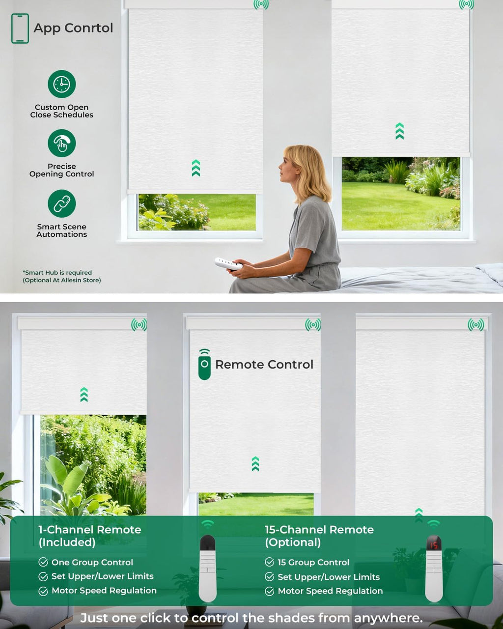 Allesin Motorized Roller Blinds – Rechargeable Smart Shades with Remote & Quiet Motor, Top/Bottom Aluminum Rails, Alexa-Compatible for Window (36" W x 72" H, 100% Blackout Cloud-Patterned)