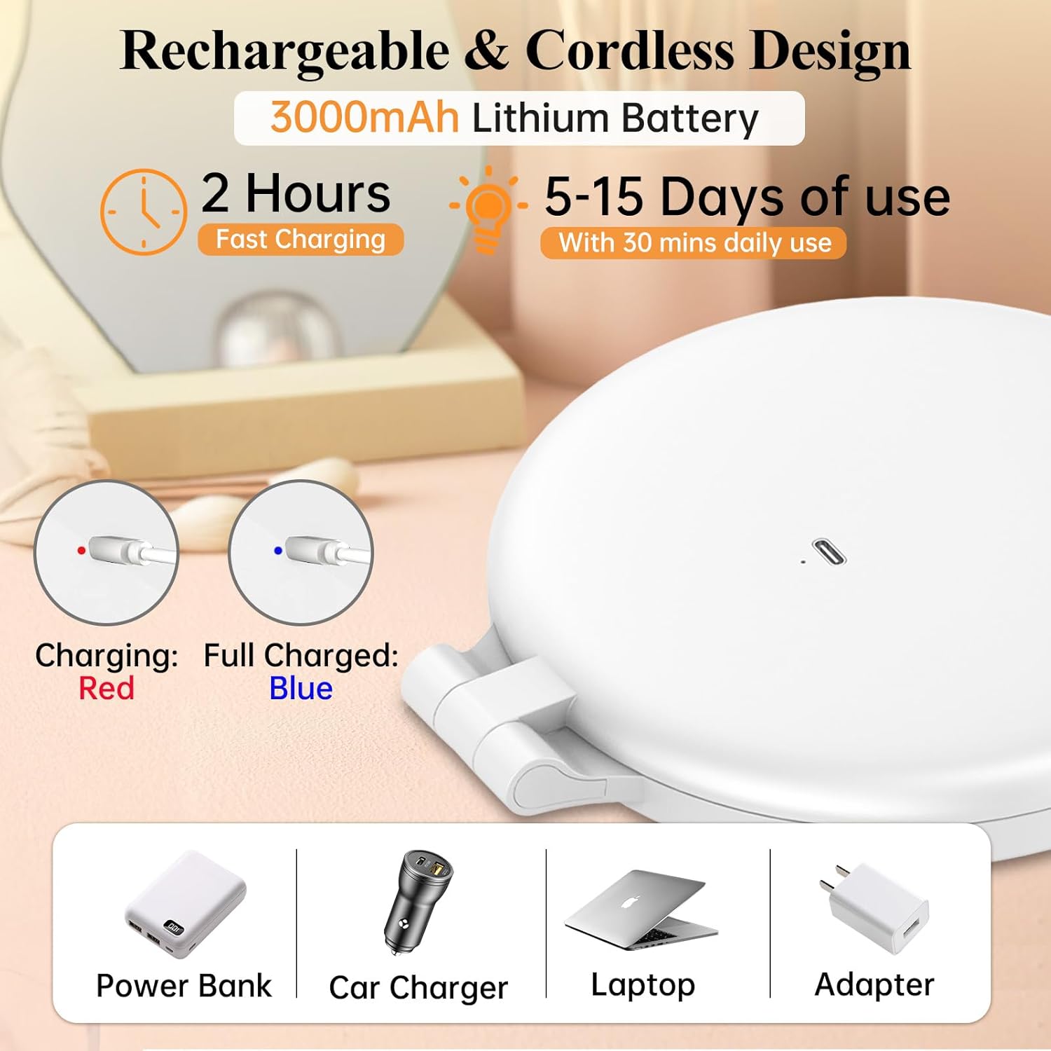 FUNTOUCH Magnifying Mirror 30X 1X Double Sided Magnification Makeup Vanity Mirror Rechargeable Lighted Mirror with 3 Color Setting Adjustable Rotation LED Vanity Desk Mirror