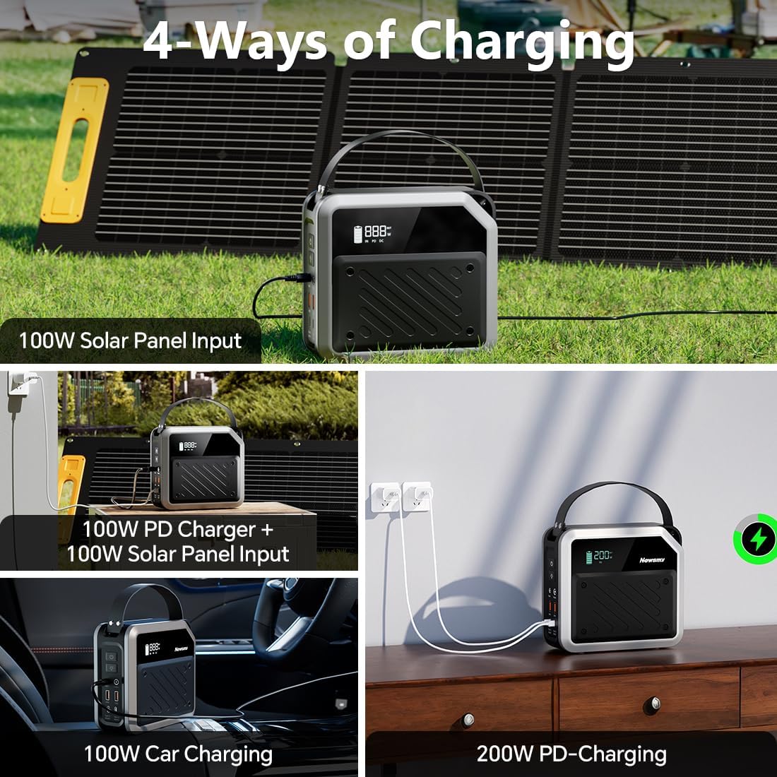 Newsmy Portable Solar Power Station 270Wh/72000mAh, 268W Max Output, 2×100W USB-C PD, LiMnFePO4 Battery with Spotlight for Hiking, Traveling & Emergency, Drone Charging, Compact Power Stations