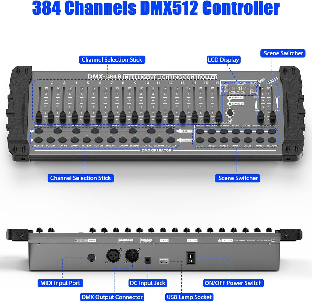 DJ Controller 384CH Fog DMX-512 DJ Controller Support 30 Banks 8 Scenes 24 fixtures Stage Lighting Console for Program Editing of DJ Lights Show Bar Club Live