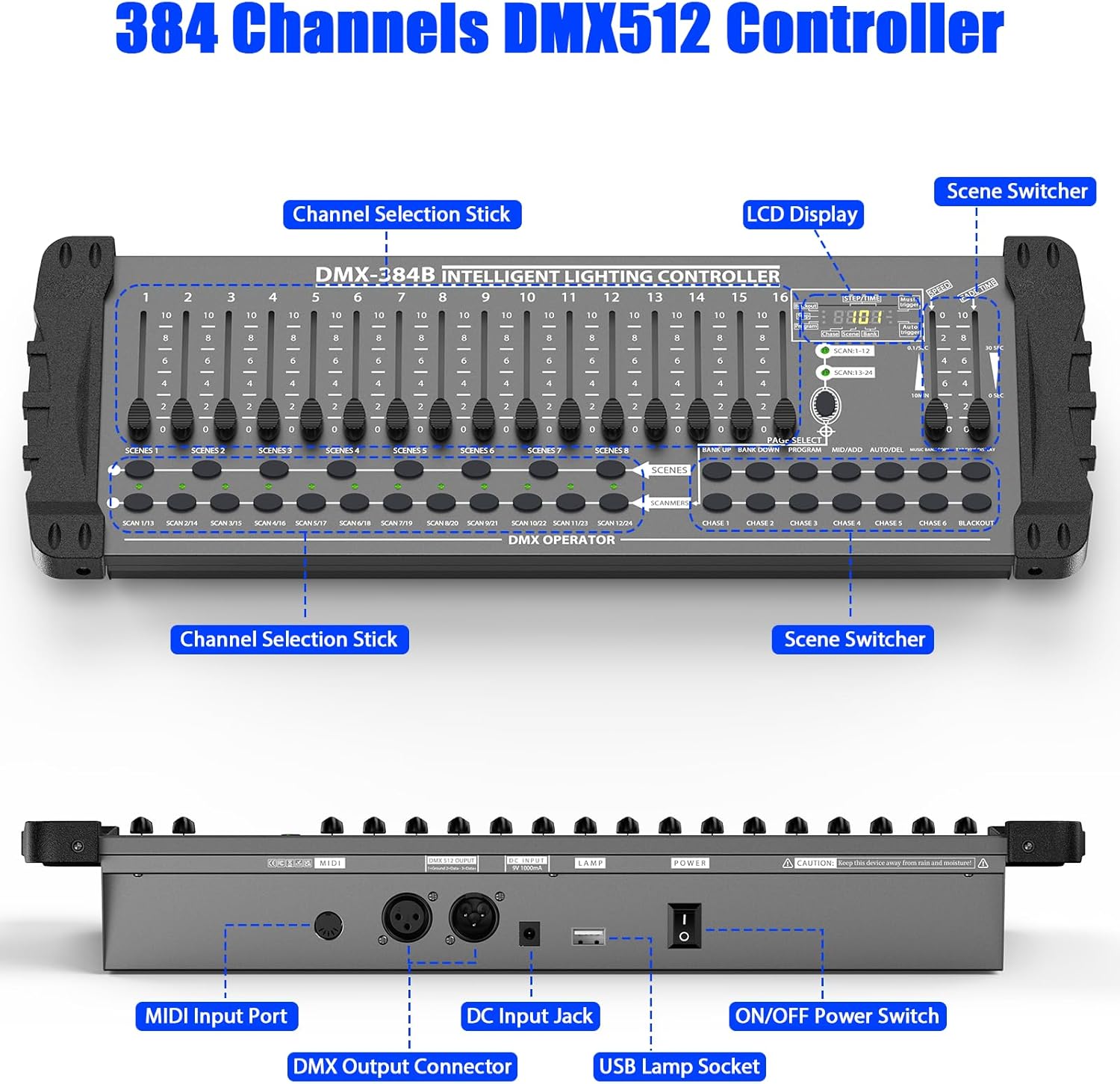 DJ Controller 384CH Fog DMX-512 DJ Controller Support 30 Banks 8 Scenes 24 fixtures Stage Lighting Console for Program Editing of DJ Lights Show Bar Club Live