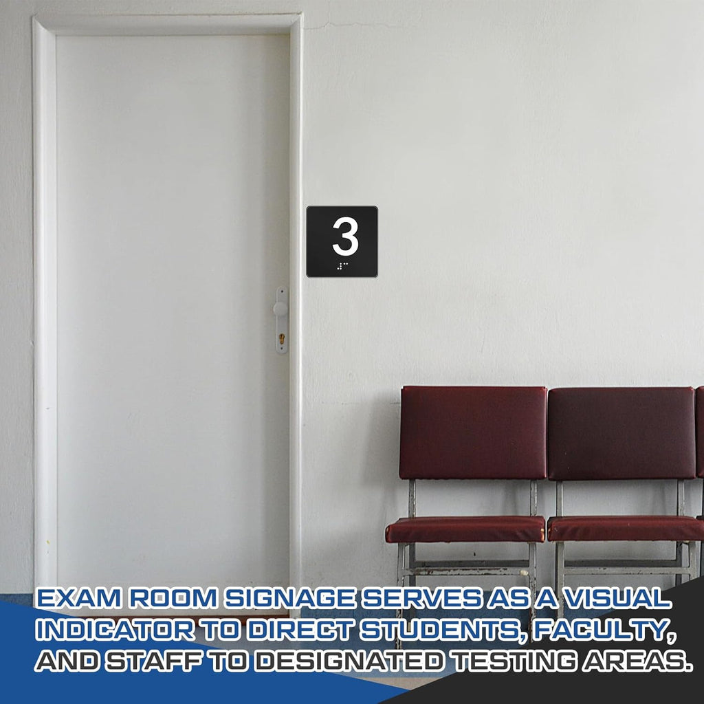 Exam Room Sign Numbers 1-5 with Braille and Tactile 4" x 4" Identification Signs Numbers for Exam Rooms Offices Educational Institution Directional Assistance Test Center (Black/white)