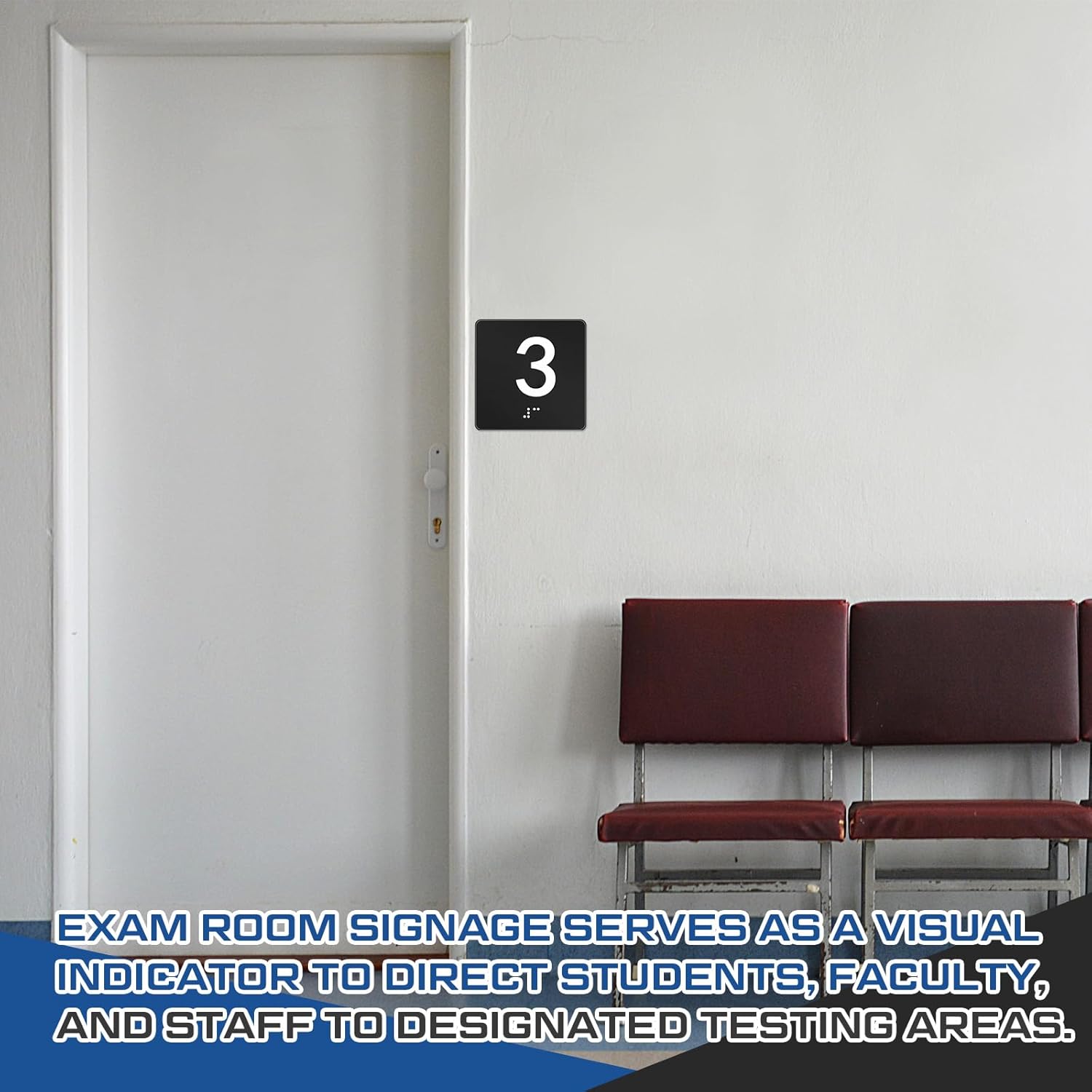 Exam Room Sign Numbers 1-5 with Braille and Tactile 4" x 4" Identification Signs Numbers for Exam Rooms Offices Educational Institution Directional Assistance Test Center (Black/white)