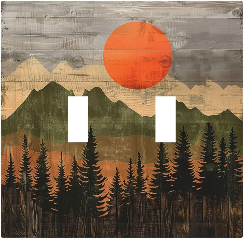 Decorative Switch Plates Vintage Wood Grain Sun Forest Mountains 2 Gang Double Toggle Outlet Light Switch Cover Wall Plate Electrical Faceplate for Farmhouse Cabin Decor