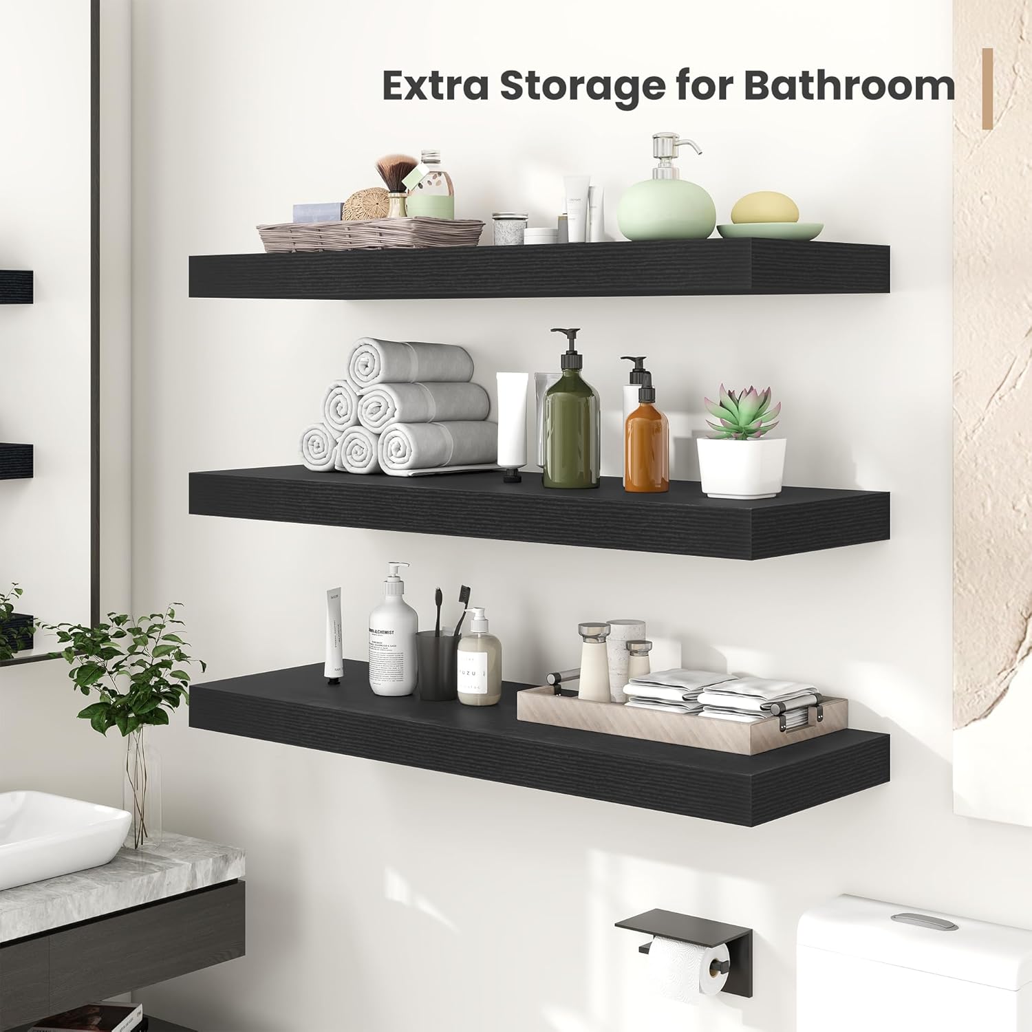 Heimlove 12 Inch Deep Floating Shelves, 48 x 12 inches Long Wall Shelf, Large Display Shelf & Storage Shelf, Rustic Wood Wall Shelves for Fireplace Mantel, Set of 2(Black)
