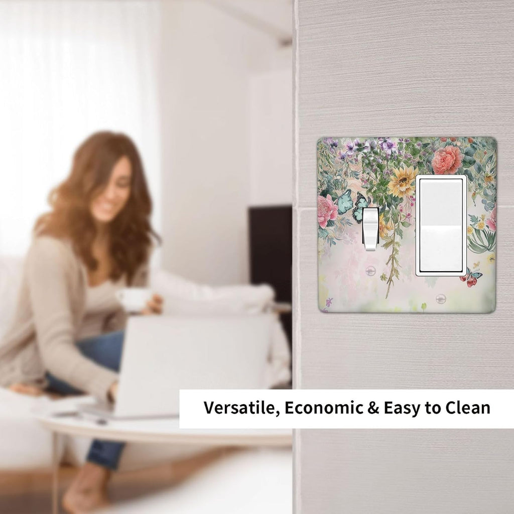 Rustic Floral Watercolor Flower Blossom Butterfly 2 Gang Combo 1 Toggle 1 Rcoker Light Switch Covers Decorative Switch Plates Electrical Switch Plates and Outlet Covers for Home Art Decor 4.5 X 4.5 IN