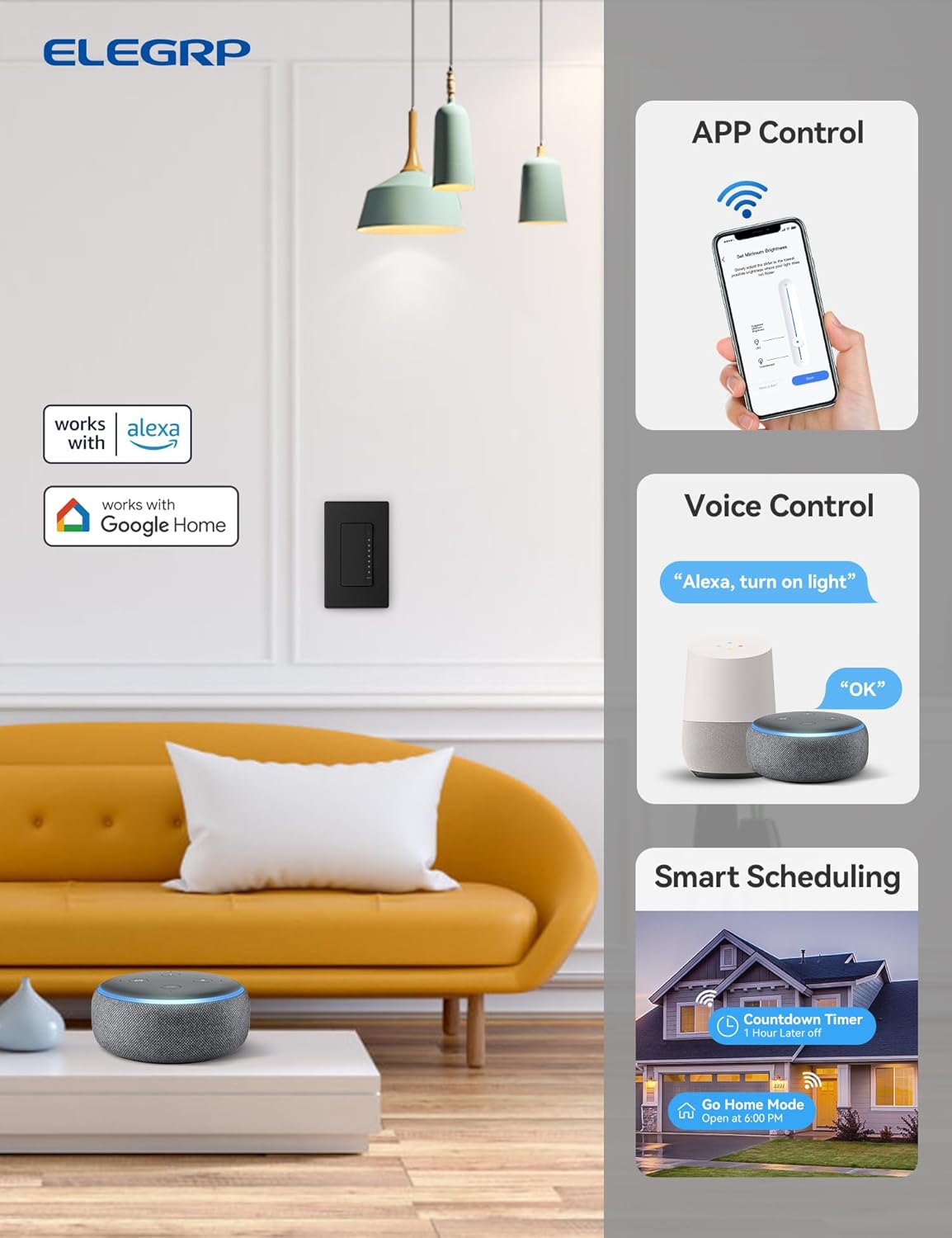 ELEGRP Single Pole Smart Dimmer Light Switch DPR10, 2.4GHz Wi-Fi Dimmer Switch Compatible with Alexa and Google Assistant, Needs Neutral Wire, No Hub Required, UL and FCC Listed, Black, 4 Pack
