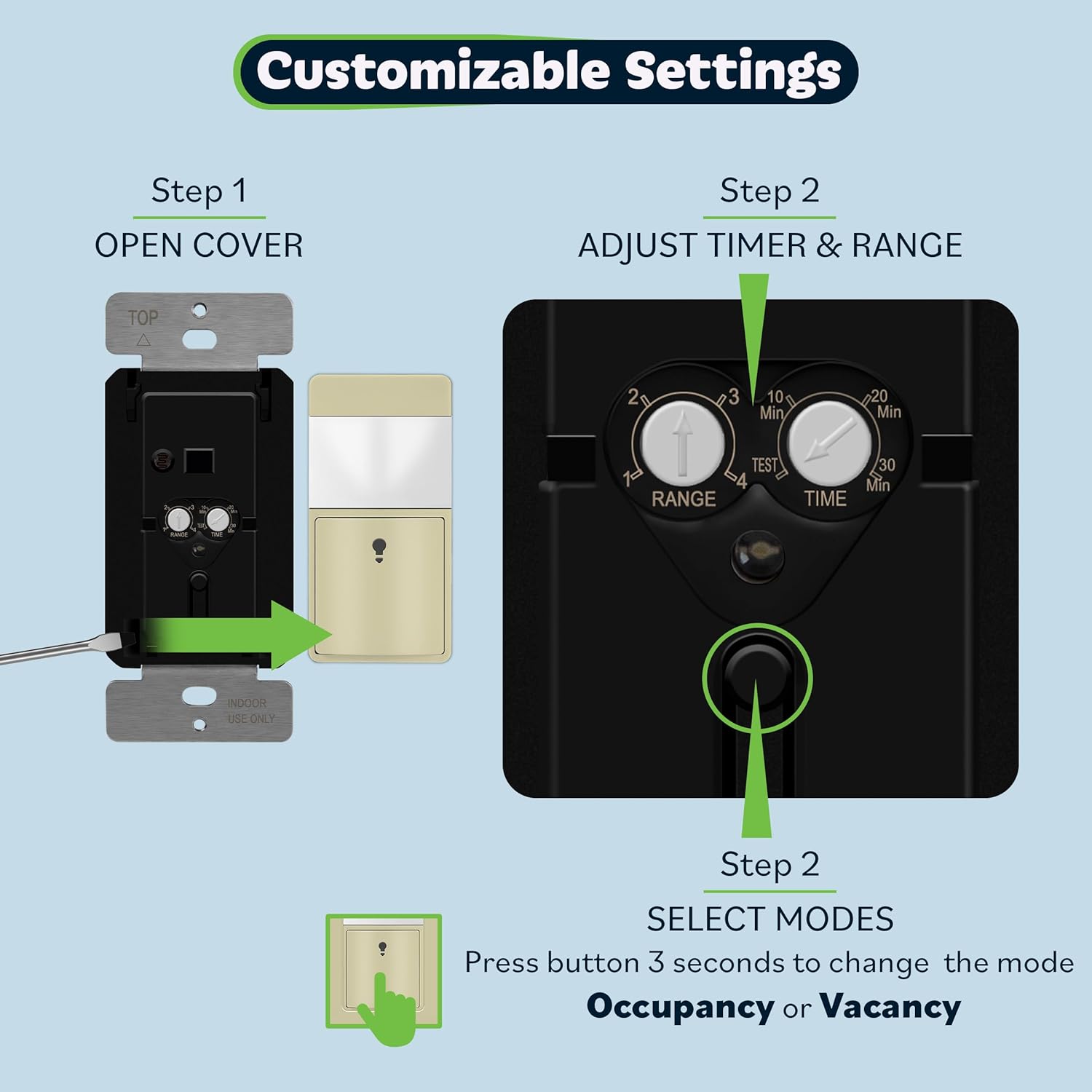 TOPGREENER PIR Motion Sensor Switch, Ambient Light Level Detector, No Neutral Required, 150W LED/CFL, 1/6 HP, Occupancy Vacancy Modes, Ground Wire Required, Single Pole, TDOS5-JM, Ivory