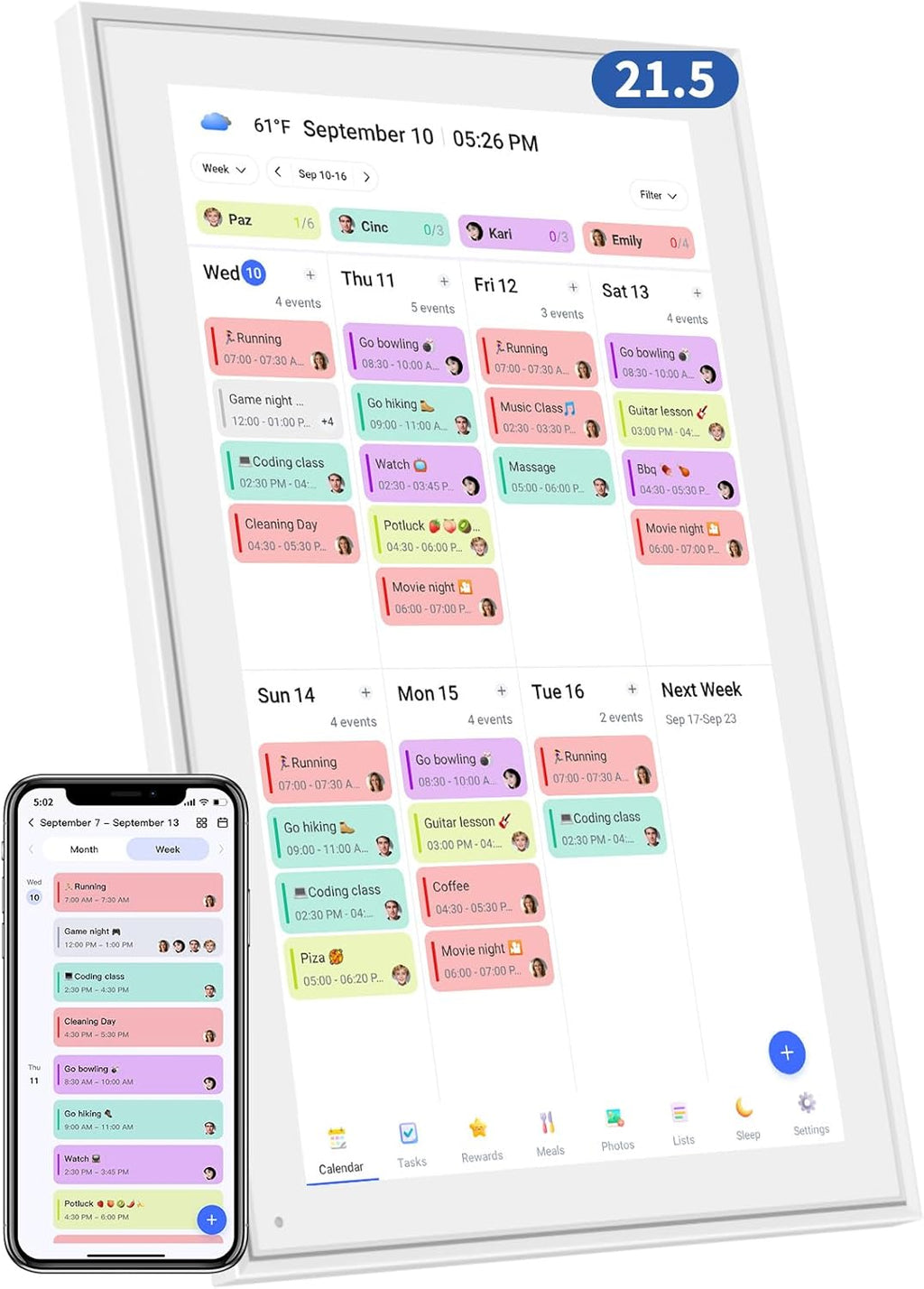 21.5 Inch Digital Calendar, Electronic Chore Chart, Smart Weekly and Monthly Planner 1920 * 1080P IPS Touchscreen Wall and Desk Calendar for Family Schedules, White