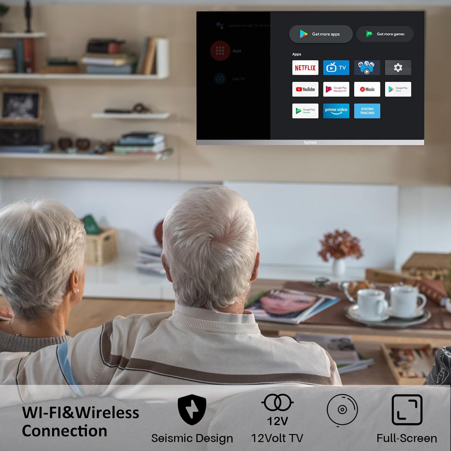 SYLVOX 22'' Smart 12 Volt TV Digital Video Disc Combo FHD 1080P Android 11.0, with ARC CEC WiFi Wireless Connection, for Home, RV Camper, and Mobile Use(Limo Series),Black