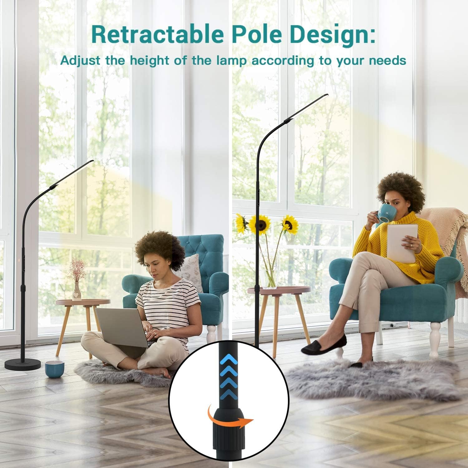 NXONE Led Floor Lamp,Modern Reading Adjustable Standing Height 4 Colors and Stepless Brightness Work Lamp for Living Room Bedroom Reading, Black