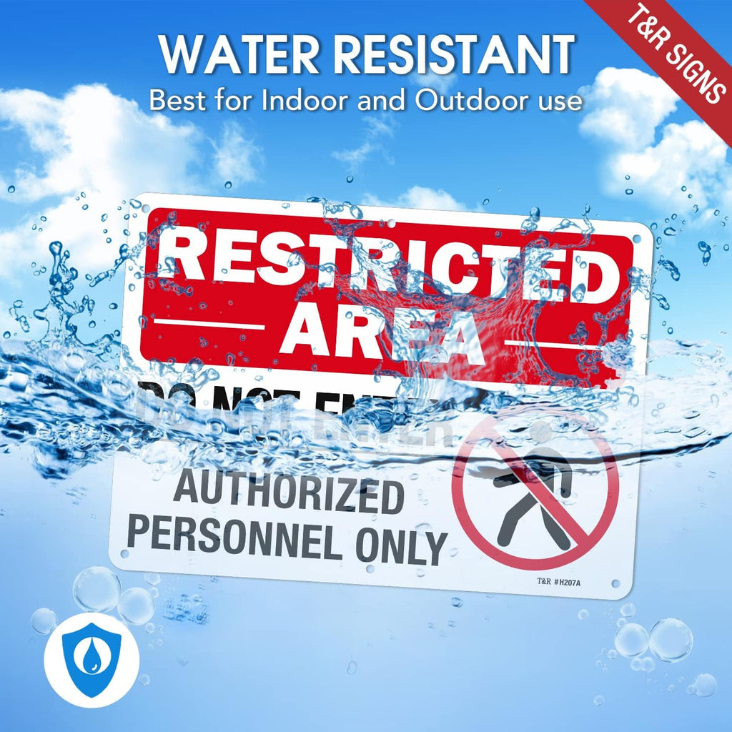 T&R Large Restricted Area Do Not Enter Authorized Personnel Only Sign - 4 Pack - 14 x 10 Inches Rust Free .040 Aluminum - UV Protected, Waterproof, Weatherproof and Fade Resistant - 6 Pre-drilled Holes