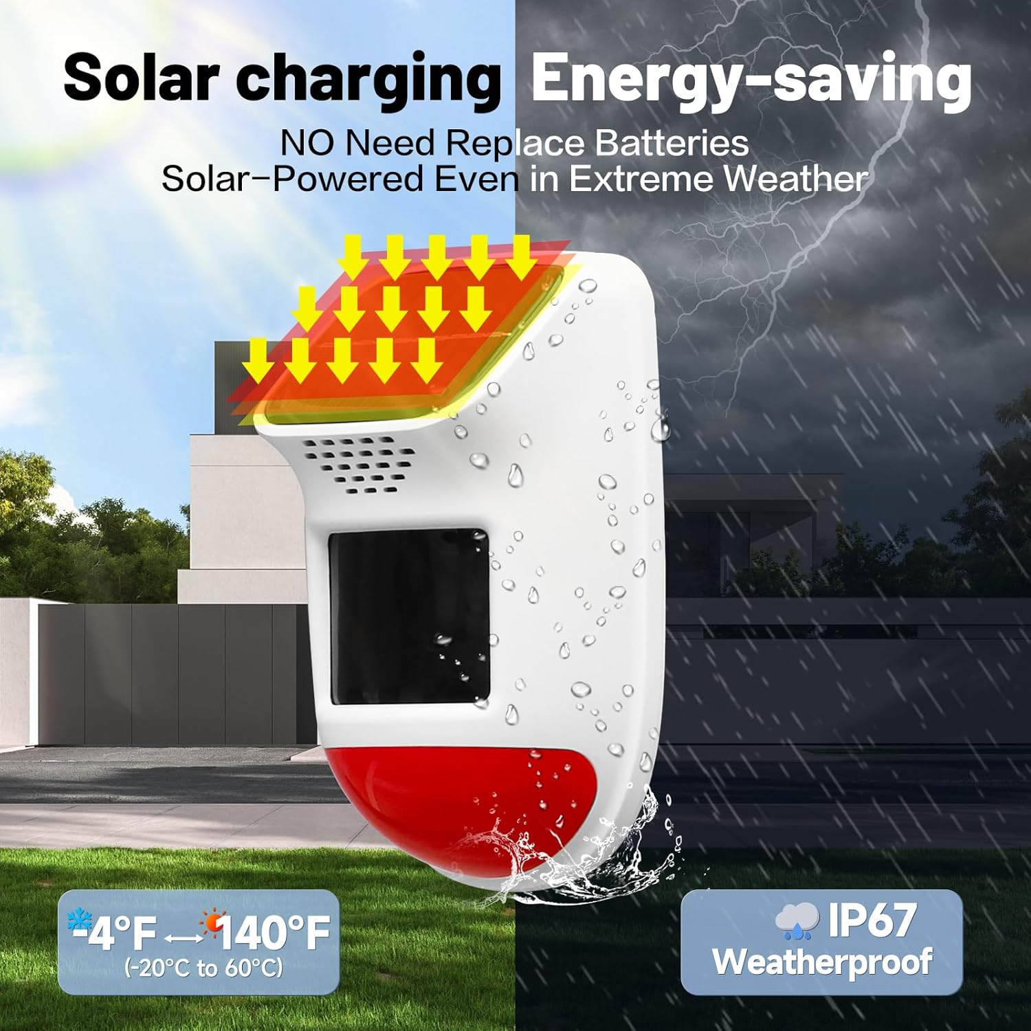 Solar Motion Sensor Alarm - 120dB IP65 Waterproof Security Siren with Remote & Strobe Light, 3 Modes for Yard/Farm/Home, 5-8m Pet-Friendly Detection (Animal Sound (Or You can add Your own Voice))