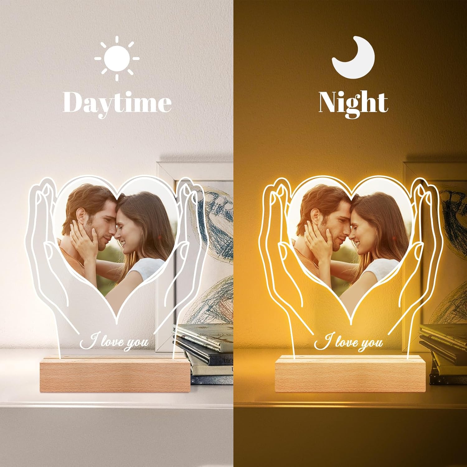 Personalized Picture Frame with Photo, Customized Photo Frame with Night Light, Custom Picture Frames, Personalized Anniversary Valentines Day Gifts for Women Men Her Him Girlfriend Boyfriend Couple