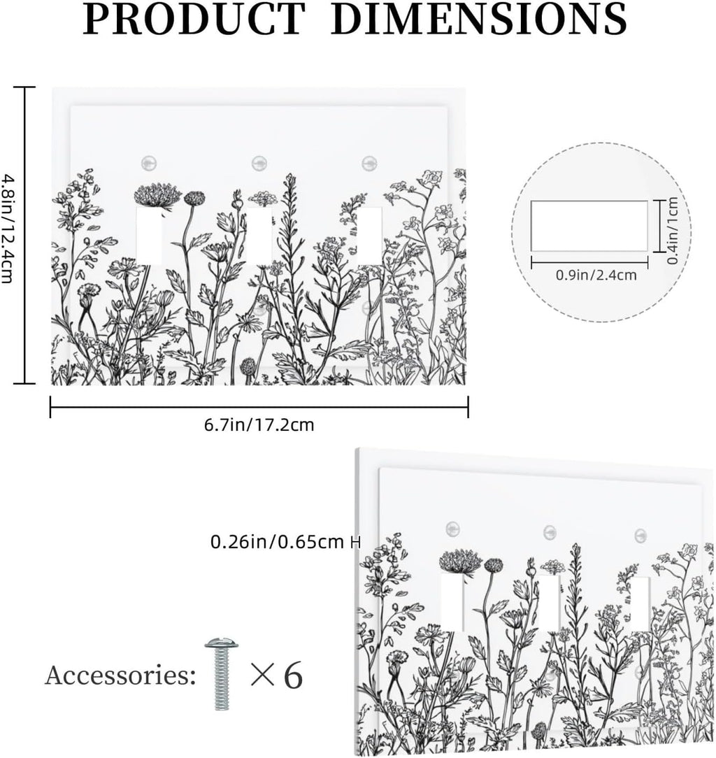 Decorative Switch Plates Floral Wildflower Rustic Plant Leaves 3 Gang Wall Plate Triple Toggle Light Switch Cover Faceplate Electrical Wall Panels For Farmhouse Cabin Decor