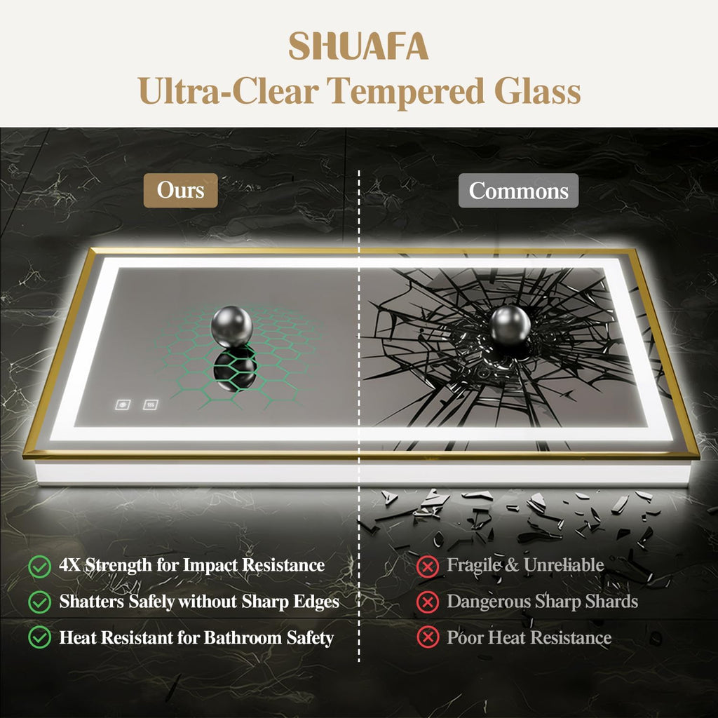 28X36 Inch LED Bathroom Mirror with Lights, Gold Frame Frontlit+ Backlit Bathroom Vanity Mirror for Wall, Ultra-Clear Tempered Glass, Shatter-Proof, Anti-Fog and Memory Function, ETL Listed