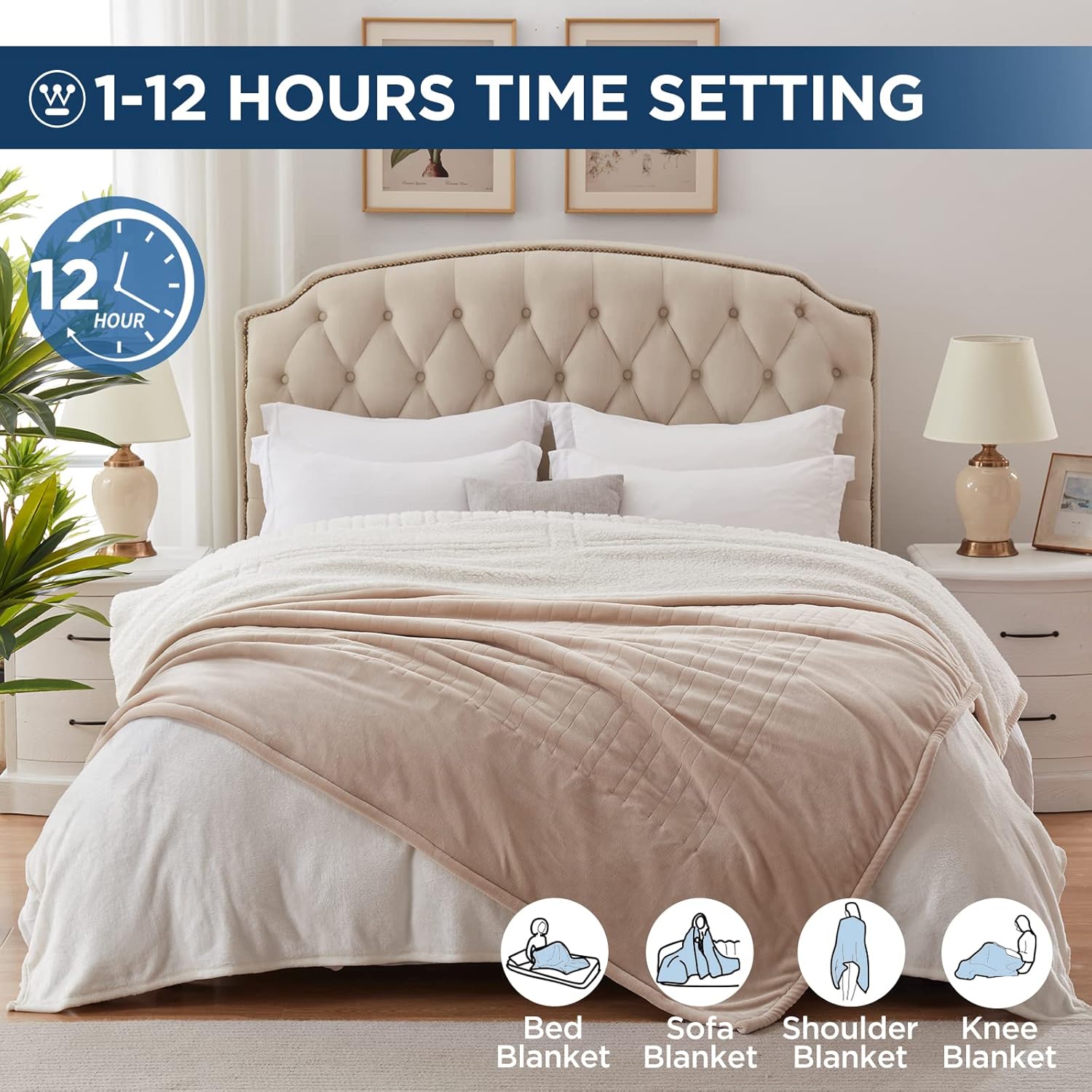 Westinghouse Electric Blanket King, Heated Blanket King Size with 10 Heating Levels and 1 to 12 Hours Heating Time Settings, Flannel to Sherpa Reversible, Machine Washable (90" x 100", Beige)