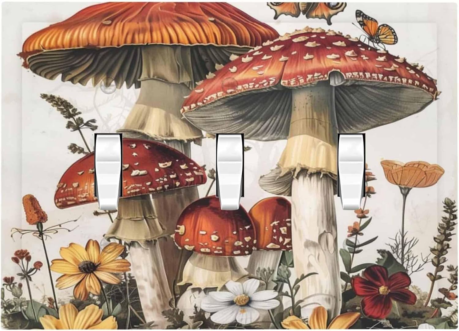 Decorative Switch Plates Mushroom Forest Butterfly Wild Flower 3 Gang Wall Plate Triple Toggle Light Switch Cover Faceplate Electrical Wall Panels For Bed Room Living Room Decor