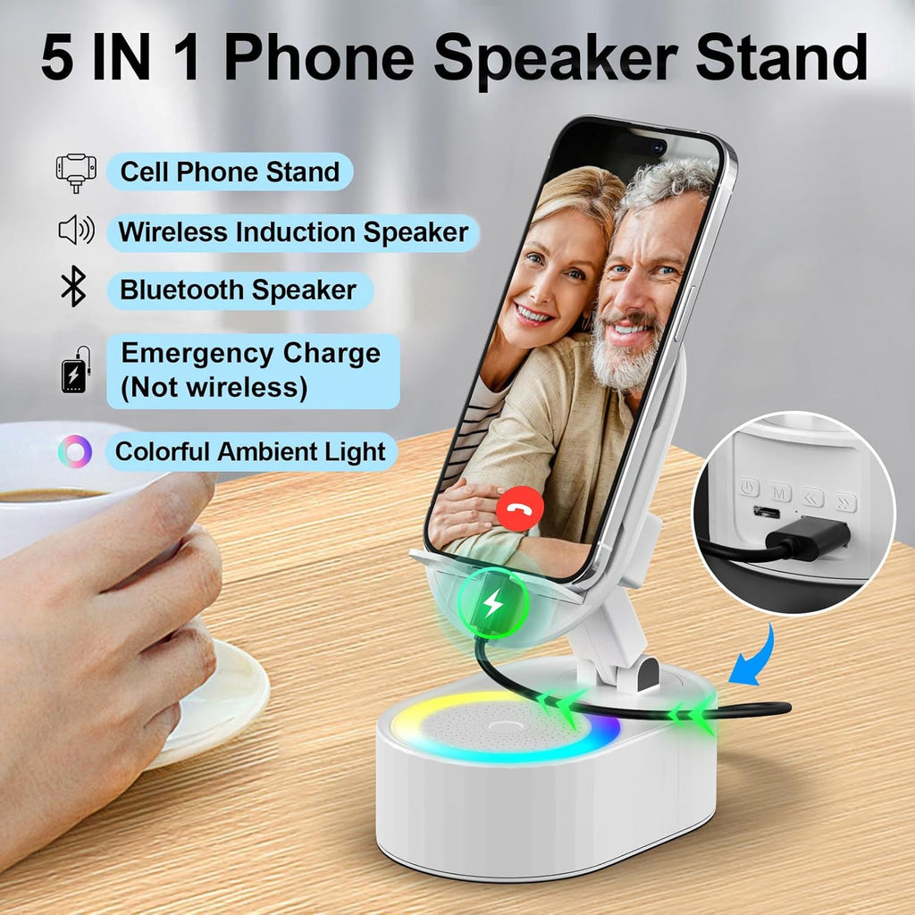 Wireless Induction Audio Bluetooth Speaker 5in1 Phone Holder Emergency Rechargeable (3000mAh) with Colorful Ambient Light 300° Foldable for Tablet iPhone Android, Gifts for Men Women (White)