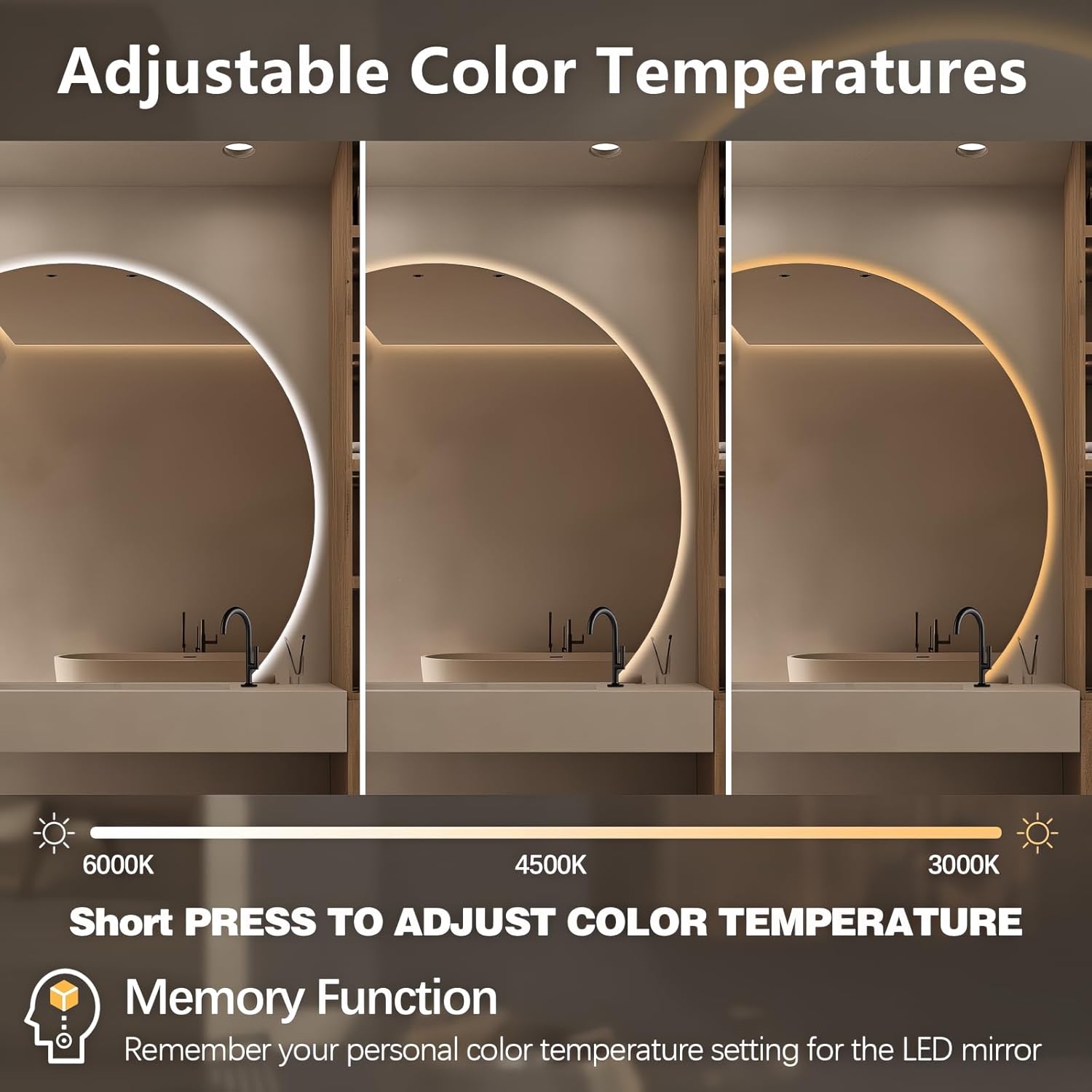 Niccy Half Moon LED Mirror for Bathroom, 32" Semi Backlit Mirror Frameless Makeup Mirror with Light, Anti-Fog, Shatter-Proof, 3 Colors, Smart Vanity Mirror