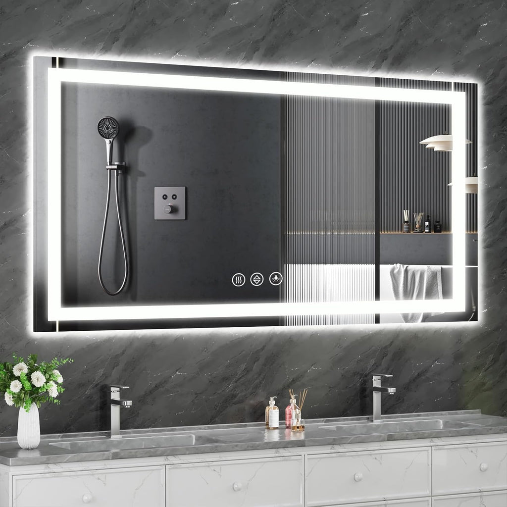 Koonmi 30x60 LED Bathroom Mirror, Backlit + Front Lit, LED Bathroom Mirror with Lights for Wall, 3 Colors, Anti-Fog, Dimmable Brightness, Memory Function, Tempered Glass
