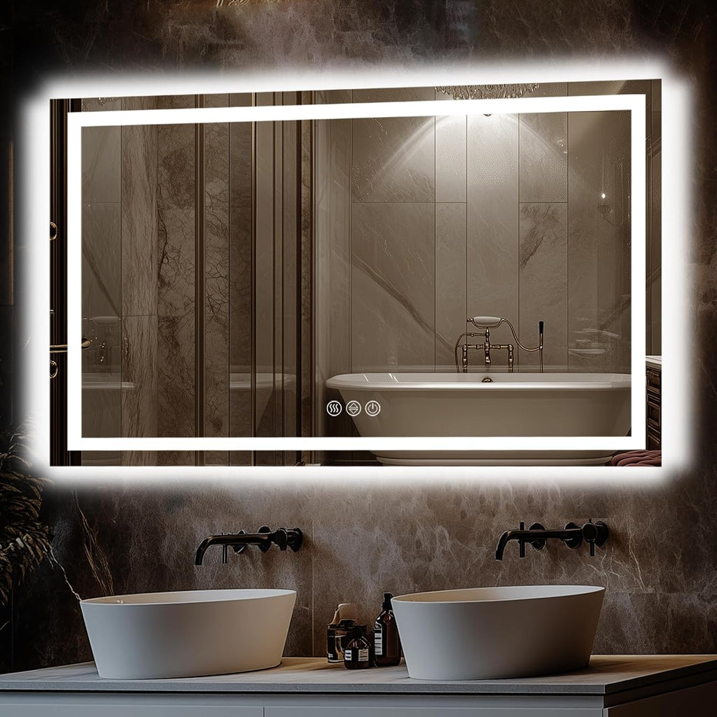 LED Bathroom Mirror, 55"x30" with Frontlit and Backlit Anti-Fog Mirror with Lights LED Vanity Mirror for Bathroom 3 Colors Temperature & Dimmable Bathroom Mirror with HD Tempered Glass