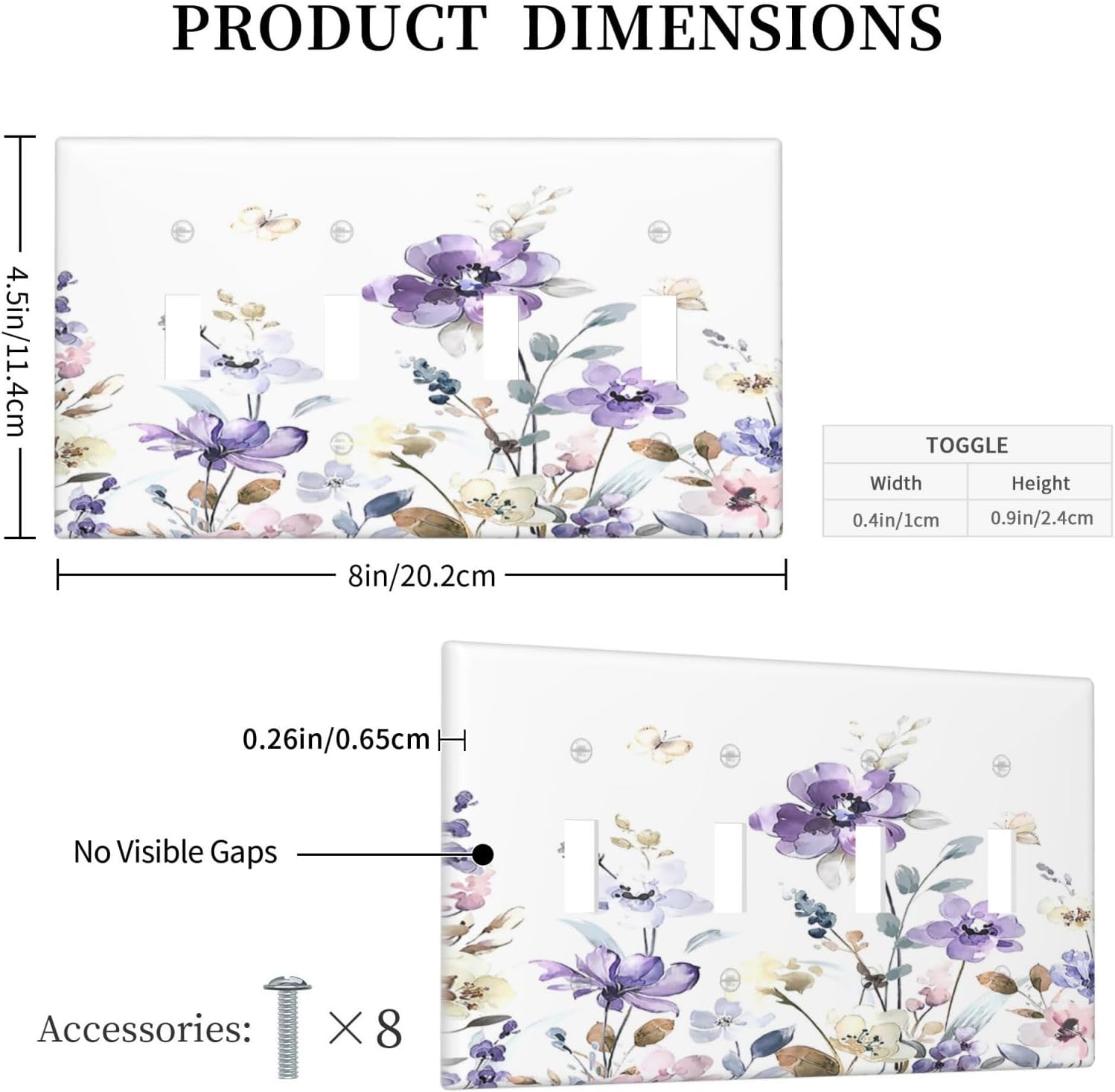 Light Switch Covers Purple Floral Lilac Watercolor Flower Leaves Butterfly Wildflower Quad Toggle 4 Gang Wall Plate Electrical Faceplate Decorative Switch Plates for Bedroom Home Decor