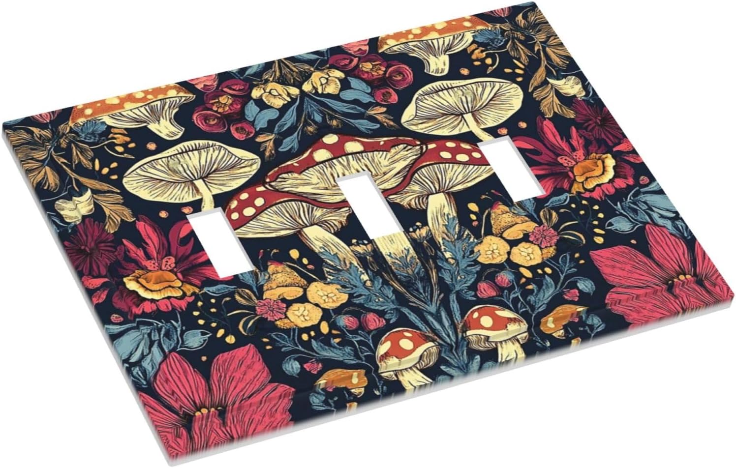 Decorative Light Switch Cover Plate Coloful Red Yellow Orange Magical Mushroom Forest 3 Gang Wall Plate Triple Toggle Switch Plate Covers Electrical Outlet Cover for Bedroom Home Decor