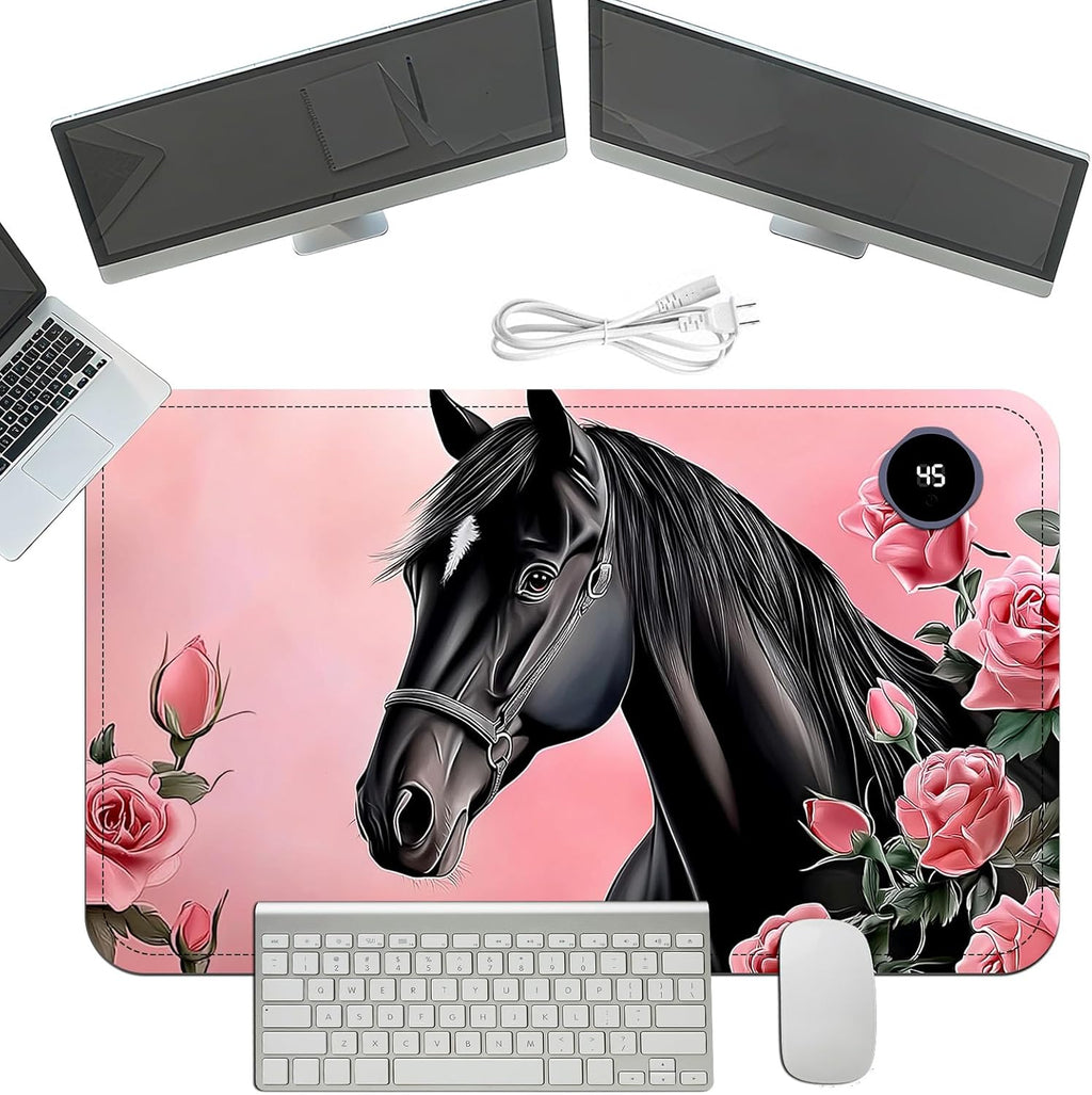 Heated Mouse Pad with 3 Temperature Settings(104°F–122°F),Large 24x14.2 Inch PU Leather Heated Desk Mat,Waterproof Warming Pad for Office,Gaming & Cold Hands Relief,Pink Rose Black Horse