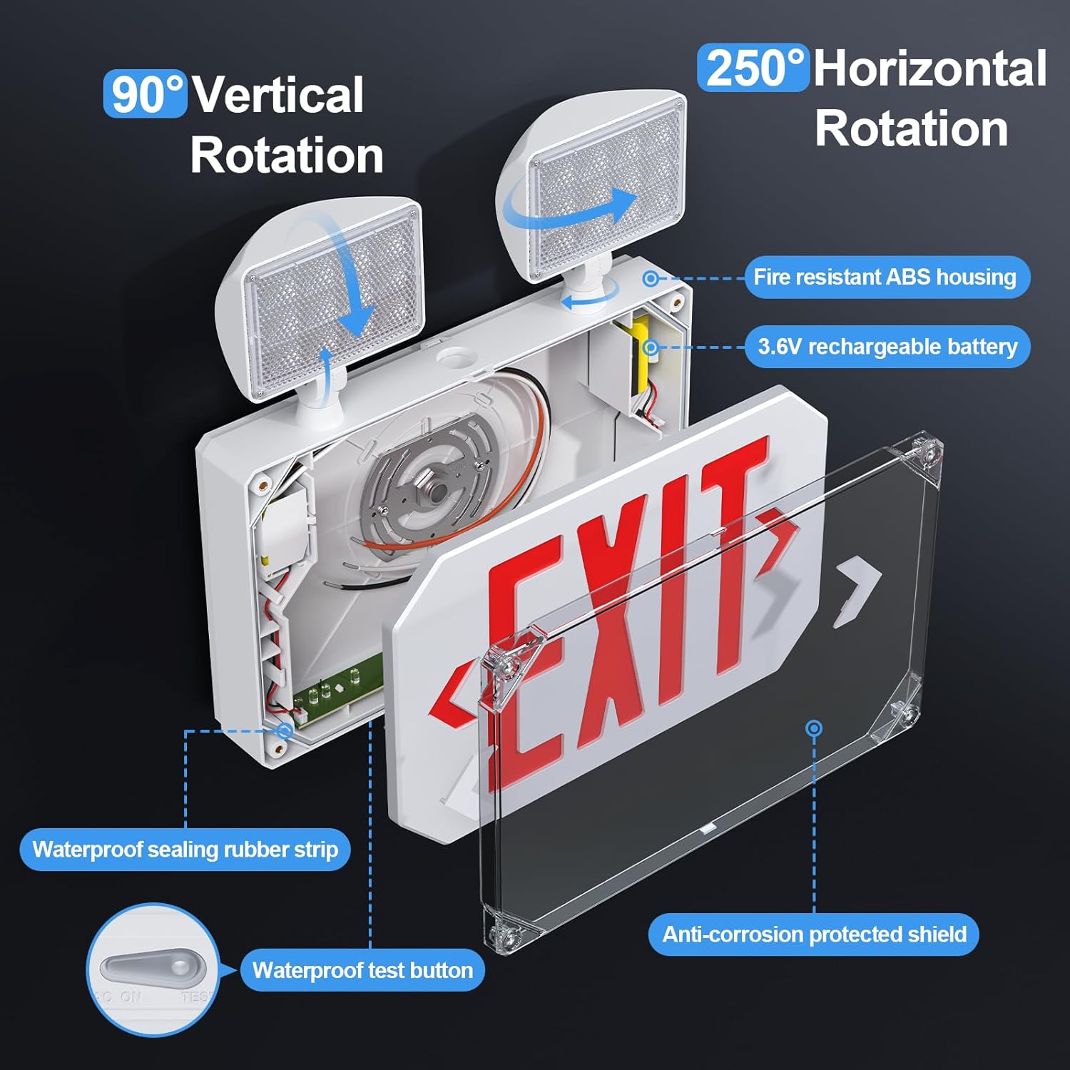 Wet Location Emergency Exit Signs with Adjustable Lights Battery Backup, UL Listed Double Face Exterior Led Exit Sign Combo, Hardwired Waterproof Red Exit Light, AC120/277V, Wall/Side Mount (2 Pack)
