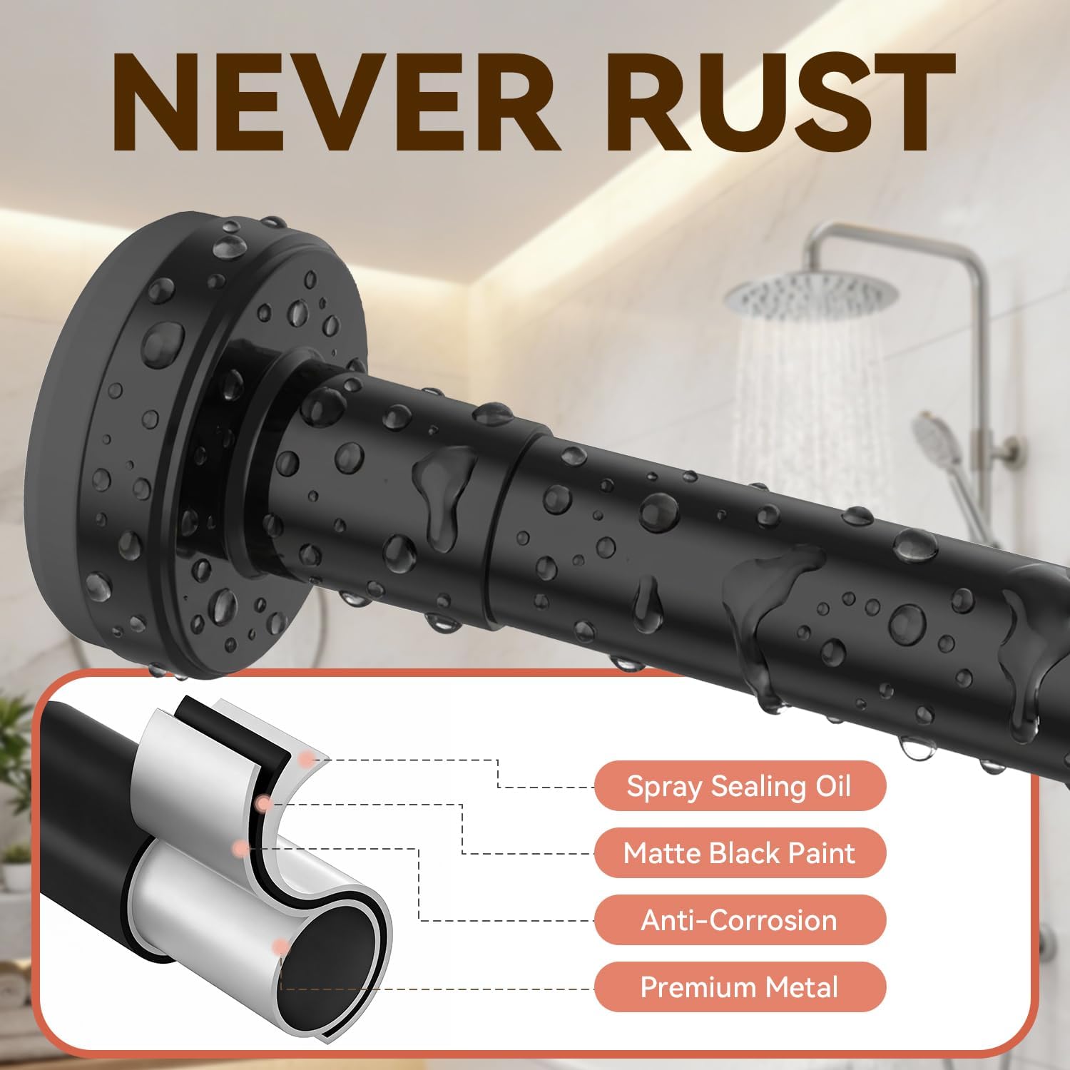 YASONIC Shower Curtain Rod 26-84 Inch, 1 Inch Diameter Tension Curtain Rods No Drilling, Black Shower Rods for Bathroom, Spring Loaded Curtain Rods Adjustable, Anti-Rust Non-Slip Easy Installation