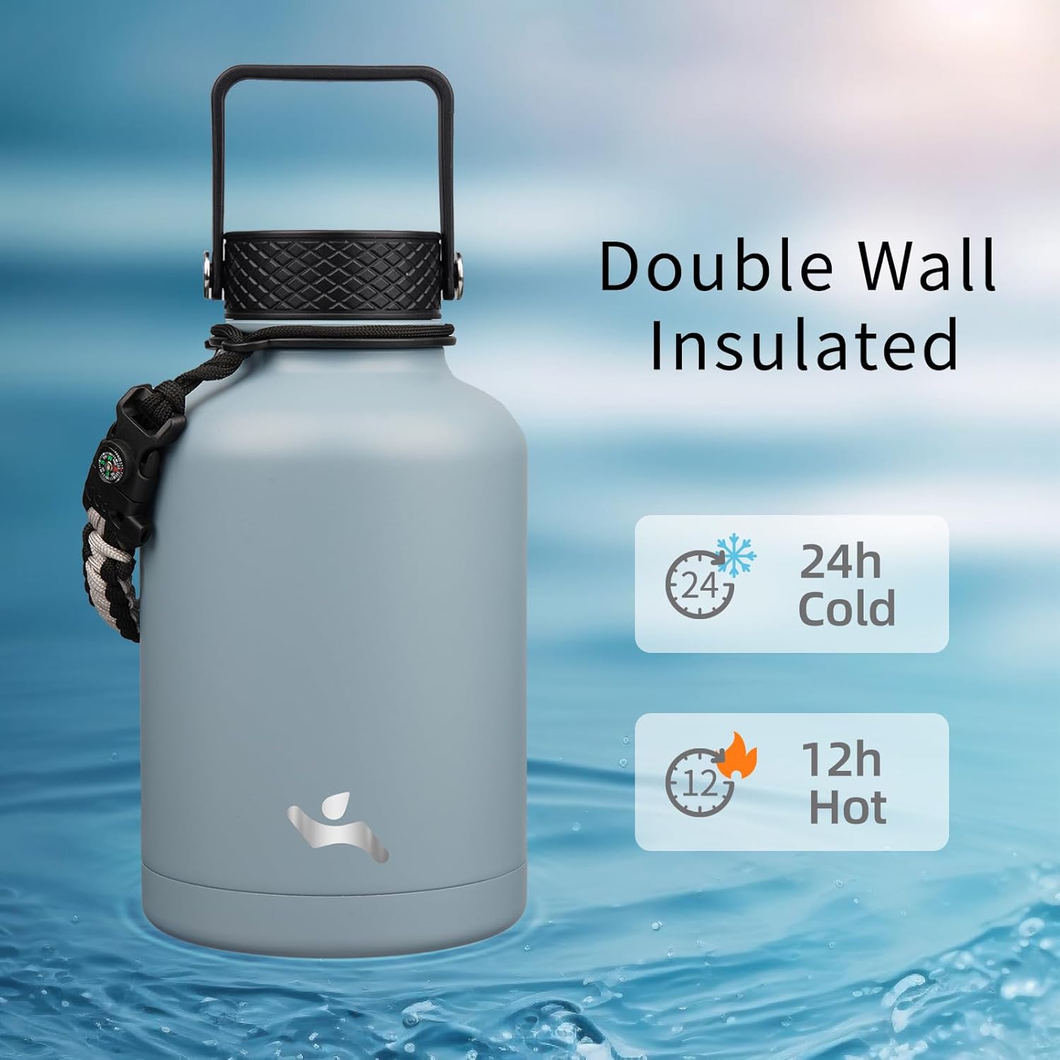 Insulated Water Bottle with Straw,50 oz 3 Lids Water Jug with Carrying Bag,Paracord Handle,Double Wall Vacuum Stainless Steel Metal Flask,Storm Blue