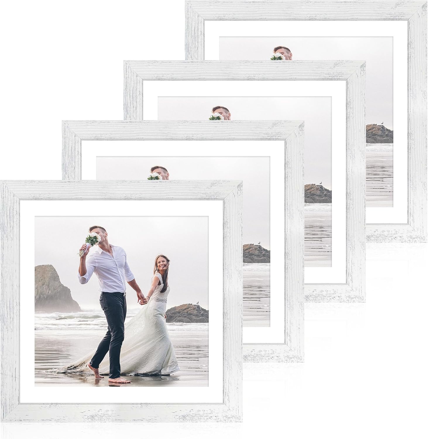 iRahmen 12x12 Picture Frame Set of 4 with Tempered Glass, Display 10x10 Pictures with Mat or 12 x 12 Without Mat, Wooden Photo Frames for Tabletop Display and Wall Mounting