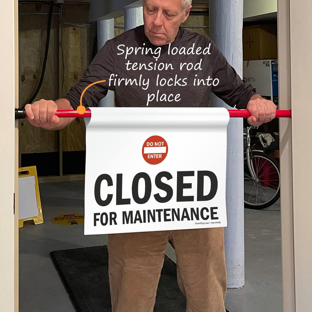 SmartSign "Closed For Maintenance" Hanging Doorway Barricade Sign with Do Not Enter Symbol, Spring-loaded Adjustable Aluminum Pole & 11.25" x 18" Vinyl Sign Kit, Black/White/Red, USA-Made