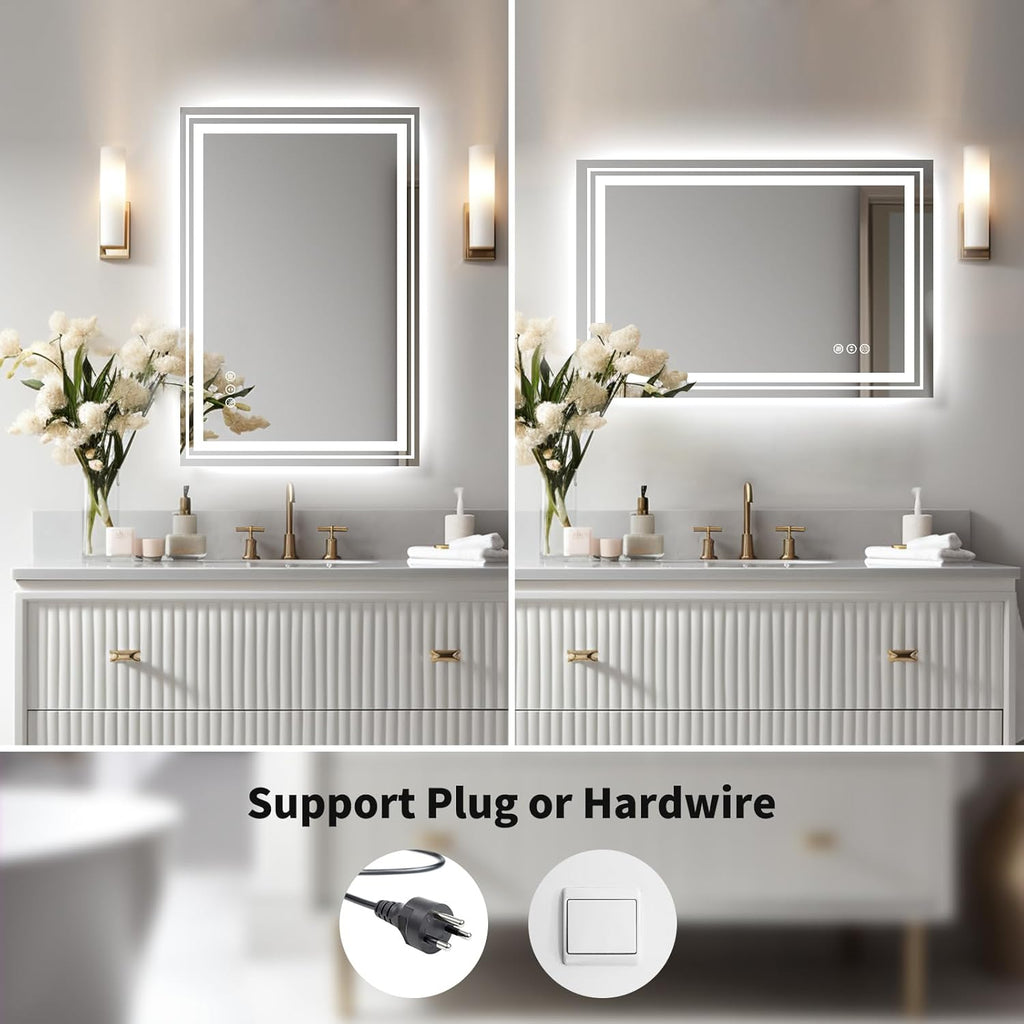 WTTY LED Bathroom Mirror with Backlit and Front Light, 24" X 31.5" Stepless Dimmable LED Mirror for Bathroom,Anti-Fog Lighted Bathroom Vanity Mirror Modern for Wall,Memory Function,Shatter-Proof