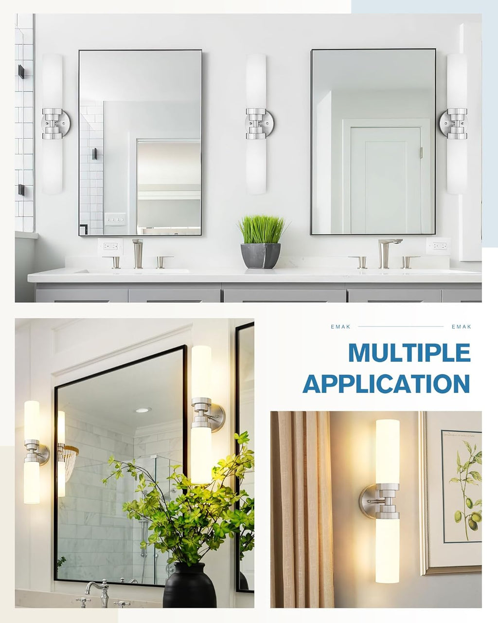 Emak Modern Brushed Nickel Bathroom Light Fixtures, 2-Light Vanity Lights for Mirror, 22 Inch Indoor Wall Sconces with Milk Glass Shade for Bathroom, Bedroom, Hallway, VL085-BN-ML-2