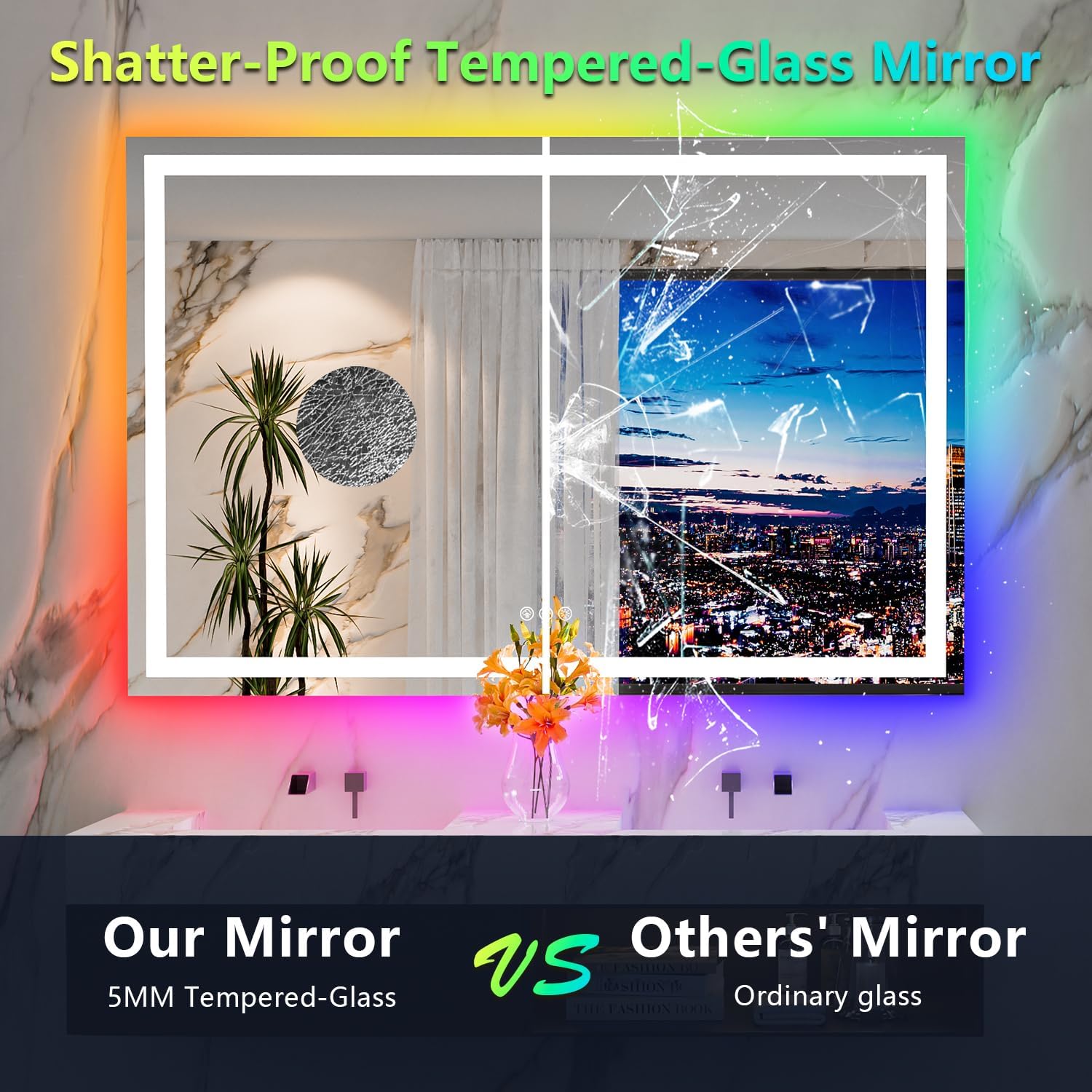 60x40 Inch RGB LED Bathroom Mirror Front Light and RGB Backlit Lighted Vanity Mirror for Bathroom Wall Mounted Dimmable Anti Fog Memory Shatter-Proof IP54 Waterproof Horizontal/Vertical
