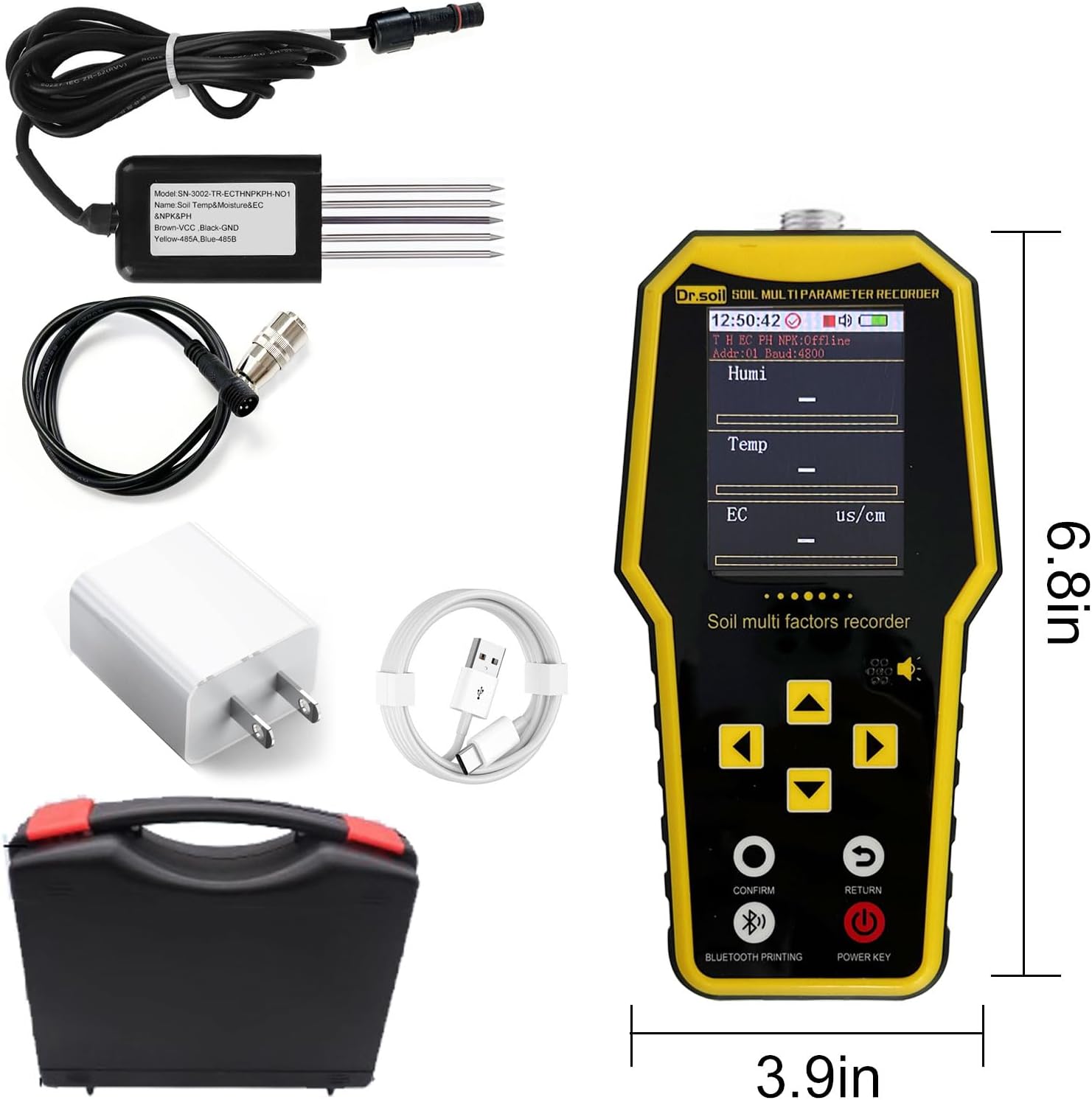 7 in 1 Soil Tester, Nitrogen Phosphorus Potassium NPK Tester, Handheld Soil PH Meter Kit, Temperature, Conductivity, Moisture, EC Meter for Petrochemical, Agriculture - Yellow