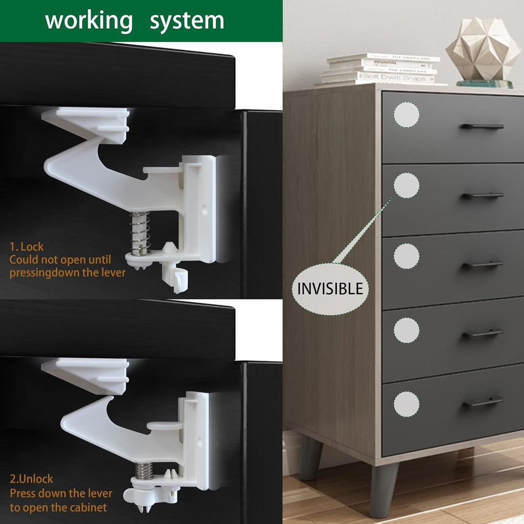 Vmaisi 20 Pack Cabinet Locks Child Safety Latches - Baby Proofing Cabinets Drawers Lock - Upgraded Stronger Adhesive Easy Installation - No Drilling