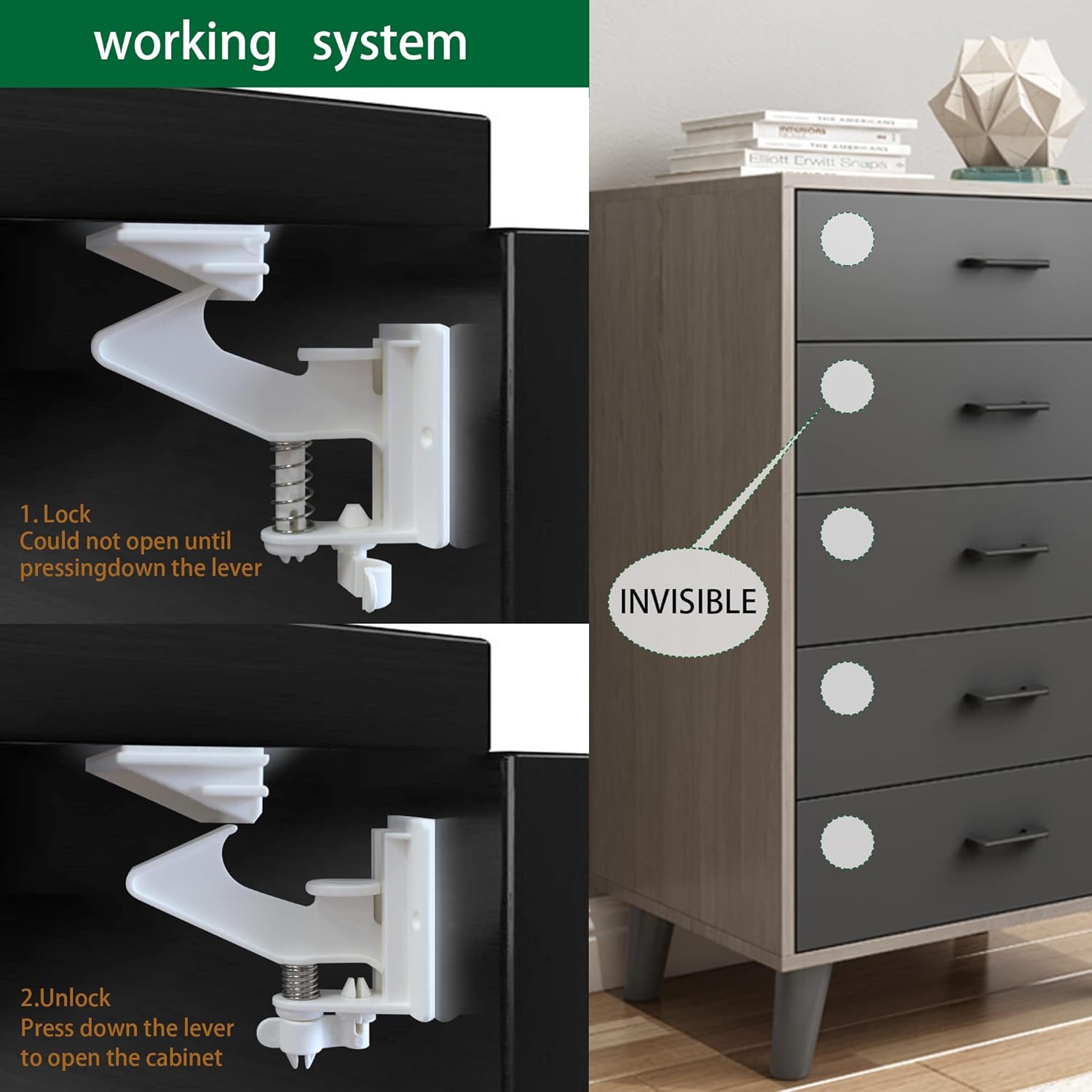 Vmaisi 20 Pack Cabinet Locks Child Safety Latches - Baby Proofing Cabinets Drawers Lock - Upgraded Stronger Adhesive Easy Installation - No Drilling