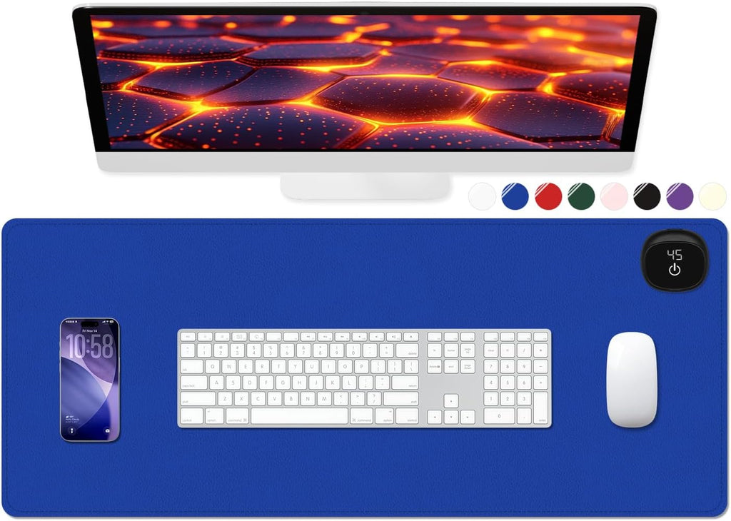 Heated Desk Pad, 31.5" x 13" Leather Non-Slip Warm Desk Pad, Large Mouse Mat with 3 Levels Heating & 3 Hours Auto Shut-Off, Hand and Foot Warmer for Office, Home, Navy Blue