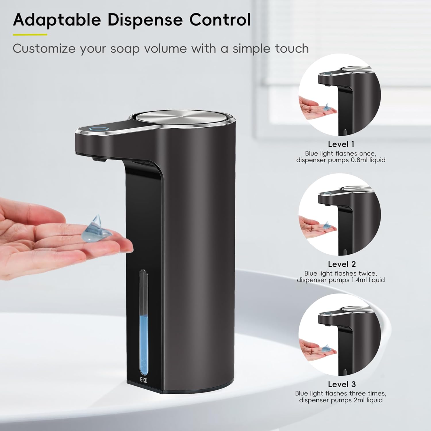EKO Aroma Touchless Automatic Soap Dispenser for Bathroom and Kitchen, Liquid Hand Soap Dispenser, Water-Resistant and Rechargeable, 9 fl oz (Dark Grey)