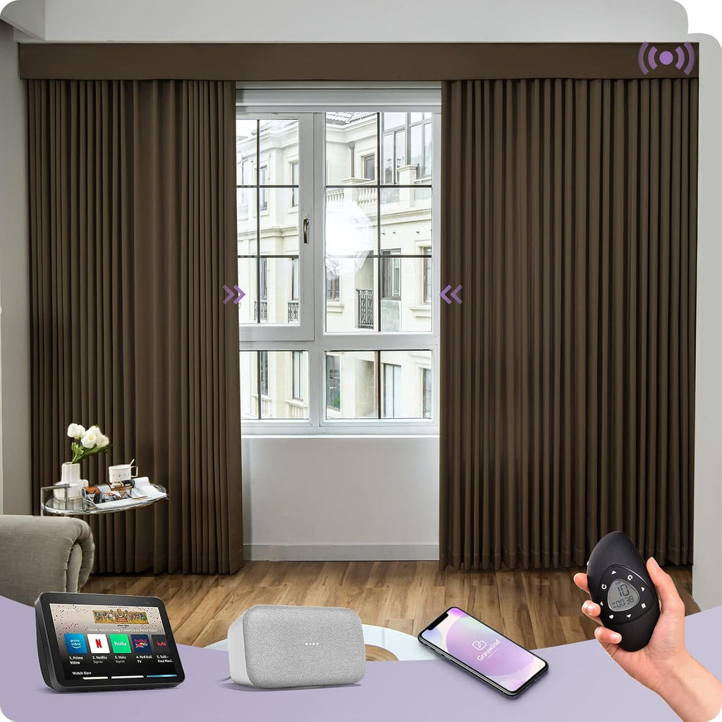 Graywind Rechargeable Smart Curtains Compatible with Alexa App Remote Control Motorized Drape for Sliding Door One-Way or Split Draw, Custom Width Up to 220" (Carob Brown)