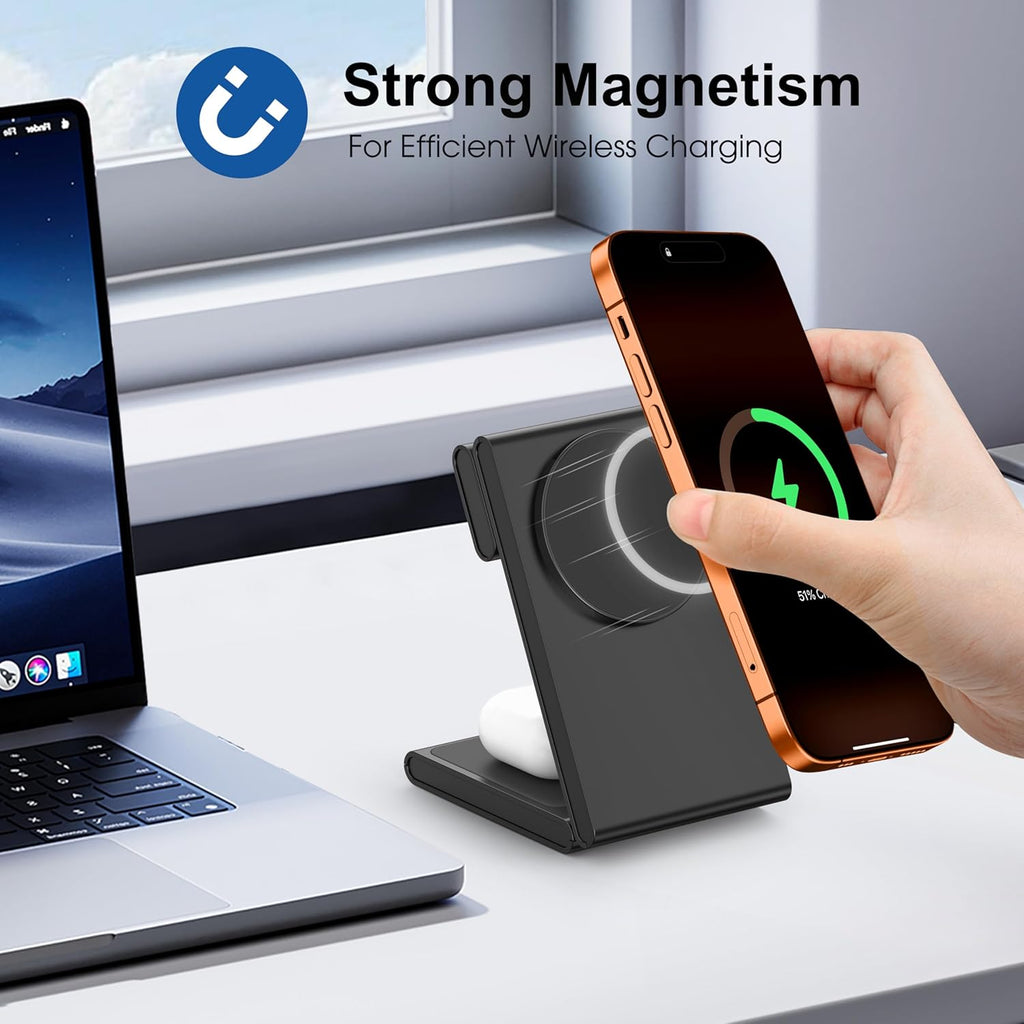 3 in 1 Wireless Charging Station for Multiple Devices, Fast Foldable Travel Mag-Safe Stand for iPhone 17/16/15/14/13 Series, Magnetic Charger for Apple Watch 11/10/Ultra 3/2/AirPods 4 with 20W Adapter